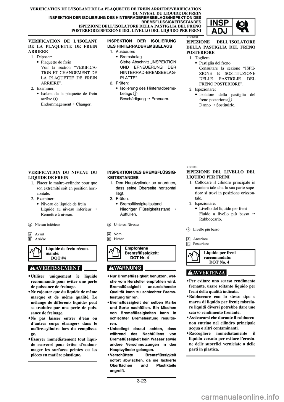 YAMAHA YZ250LC 2006  Notices Demploi (in French) 3-23
VERIFICATION DE L’ISOLANT DE LA PLAQUETTE DE FREIN ARRIERE/VERIFICATION
DU NIVEAU DU LIQUIDE DE FREIN
INSPEKTION DER ISOLIERUNG DES HINTERRADBREMSBELAGS/INSPEKTION DES
BREMSFLÜSSIGKEITSSTANDES
