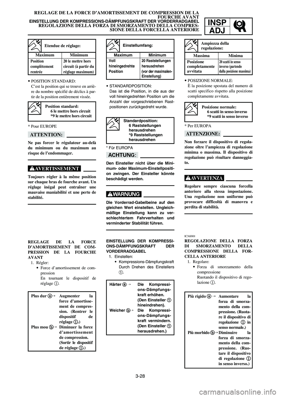 YAMAHA YZ250LC 2006 Notices Demploi (in French) 3-28
REGLAGE DE LA FORCE D’AMORTISSEMENT DE COMPRESSION DE LA
FOURCHE AVANT
EINSTELLUNG DER KOMPRESSIONS-DÄMPFUNGSKRAFT DER VORDERRADGABELREGOLAZIONE DELLA FORZA DI SMORZAMENTO DELLA COMPRES-
SIONE YAMAHA YZ250LC 2006 Notices Demploi (in French) 3-28
REGLAGE DE LA FORCE D’AMORTISSEMENT DE COMPRESSION DE LA
FOURCHE AVANT
EINSTELLUNG DER KOMPRESSIONS-DÄMPFUNGSKRAFT DER VORDERRADGABELREGOLAZIONE DELLA FORZA DI SMORZAMENTO DELLA COMPRES-
SIONE