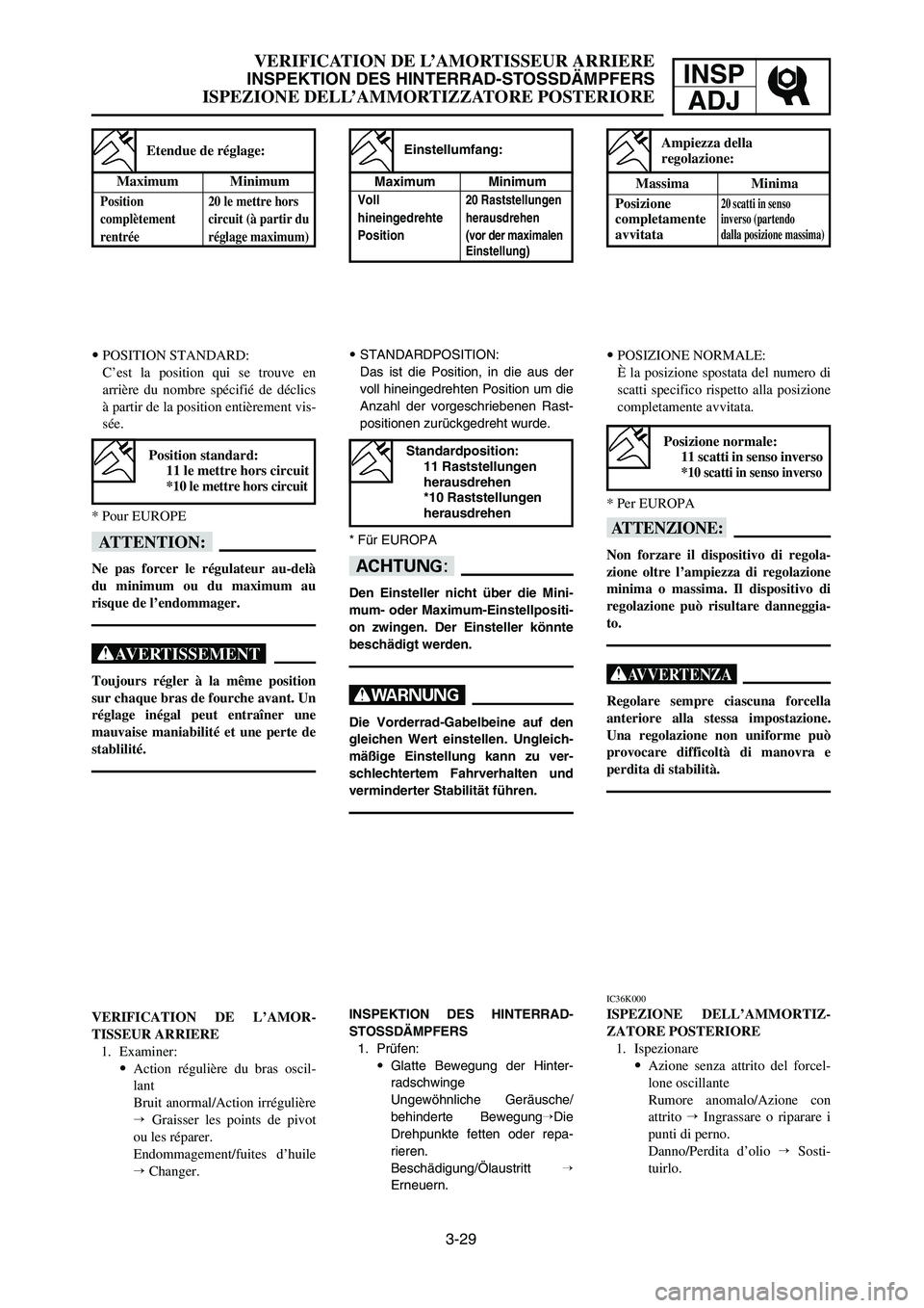 YAMAHA YZ250LC 2006 Notices Demploi (in French) 3-29
VERIFICATION DE L’AMORTISSEUR ARRIERE
INSPEKTION DES HINTERRAD-STOSSDÄMPFERS
ISPEZIONE DELL’AMMORTIZZATORE POSTERIORE
INSP
ADJ
9STANDARDPOSITION:
Das ist die Position, in die aus der
voll hi YAMAHA YZ250LC 2006 Notices Demploi (in French) 3-29
VERIFICATION DE L’AMORTISSEUR ARRIERE
INSPEKTION DES HINTERRAD-STOSSDÄMPFERS
ISPEZIONE DELL’AMMORTIZZATORE POSTERIORE
INSP
ADJ
9STANDARDPOSITION:
Das ist die Position, in die aus der
voll hi