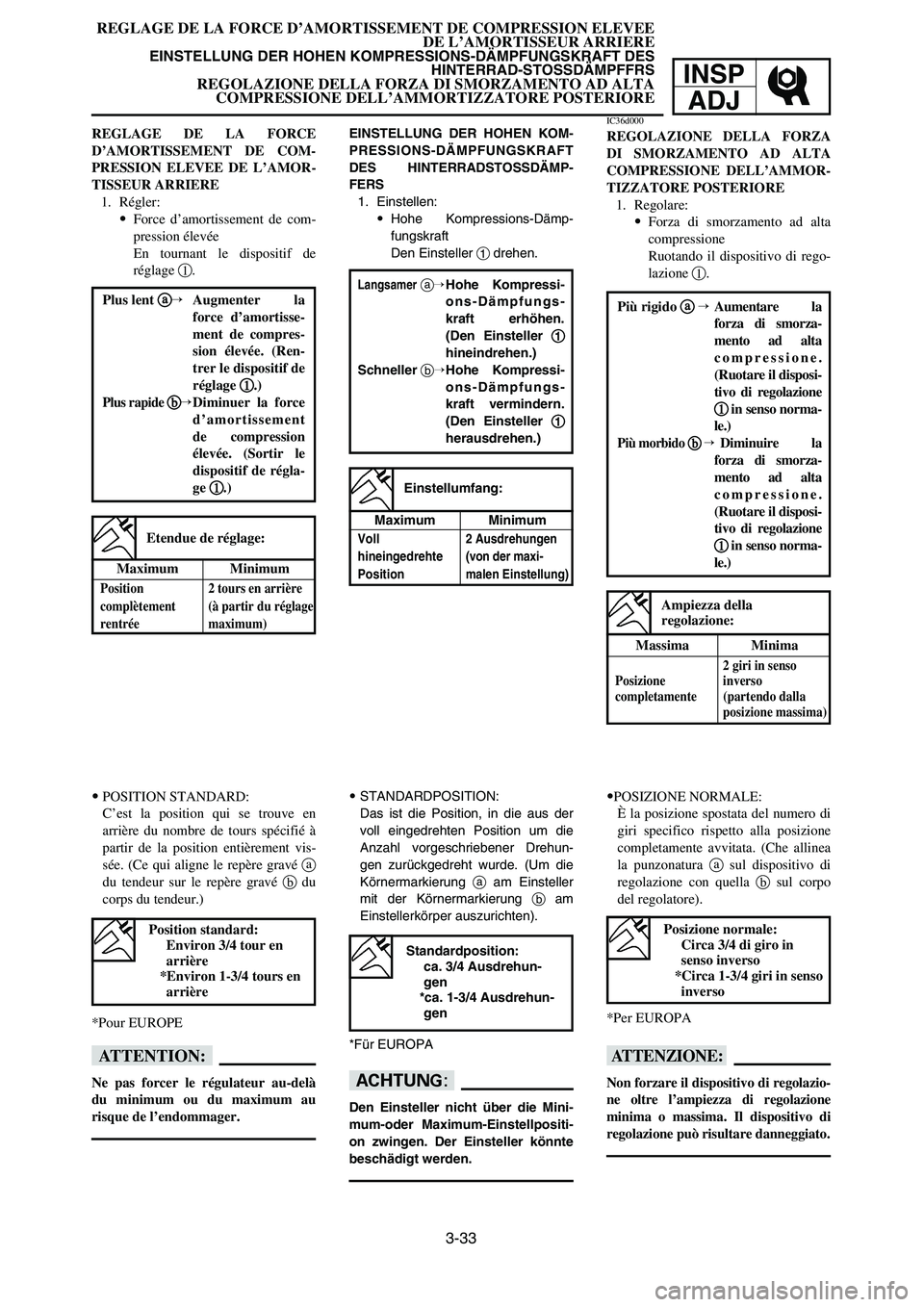 YAMAHA YZ250LC 2006  Notices Demploi (in French) 3-33
REGLAGE DE LA FORCE D’AMORTISSEMENT DE COMPRESSION ELEVEE
DE L’AMORTISSEUR ARRIERE
EINSTELLUNG DER HOHEN KOMPRESSIONS-DÄMPFUNGSKRAFT DES 
HINTERRAD-STOSSDÄMPFFRS
REGOLAZIONE DELLA FORZA DI 