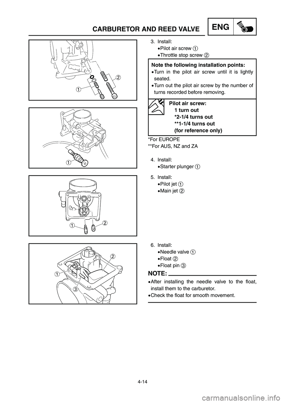 YAMAHA YZ250LC 2006  Notices Demploi (in French) 3. Install:
9Pilot air screw 1
9Throttle stop screw 2
*For EUROPE
**For AUS, NZ and ZA
4. Install:
9Starter plunger 1
4-14
ENGCARBURETOR AND REED VALVE
Pilot air screw:
1 turn out
*2-1/4 turns out
**1