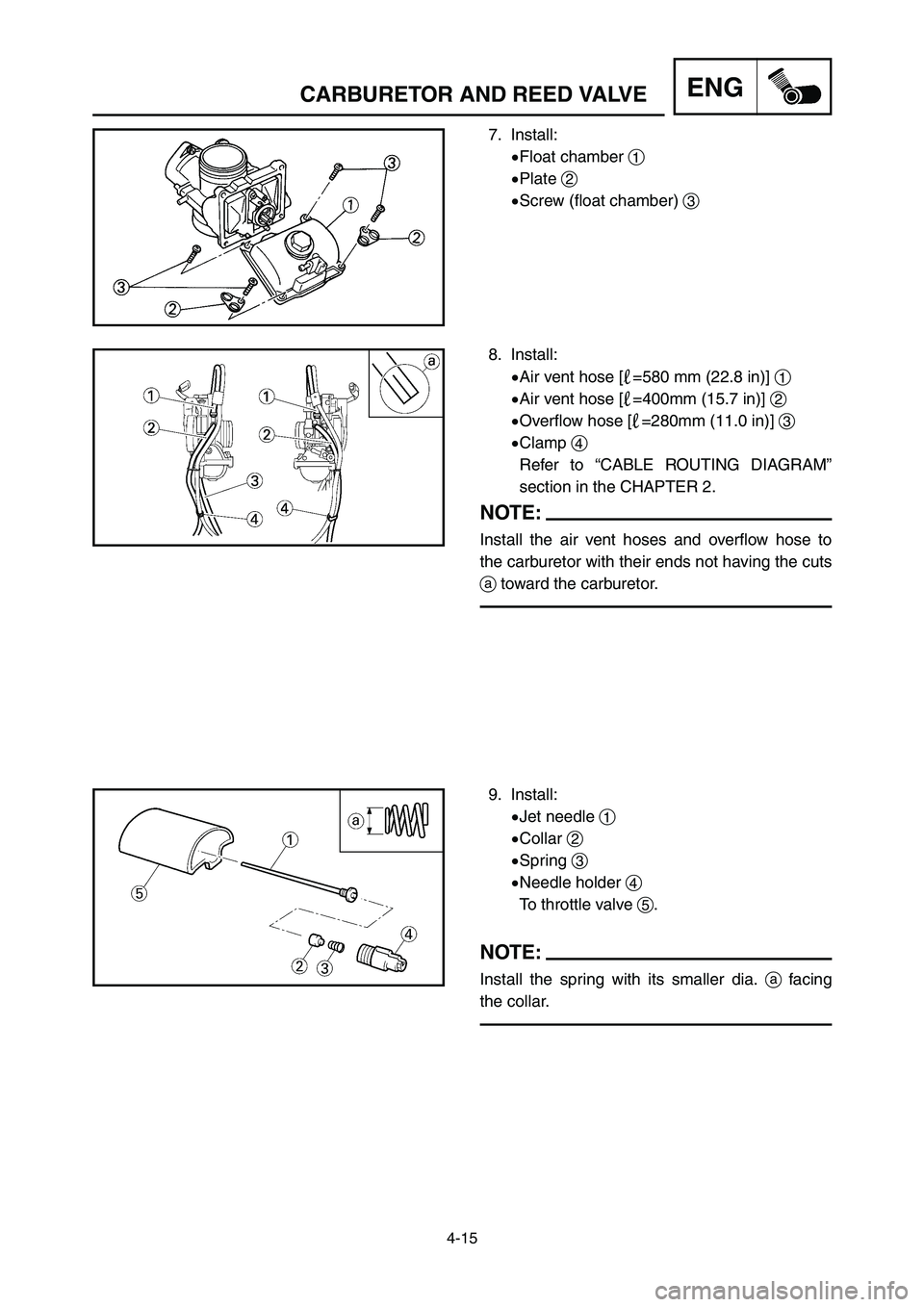 YAMAHA YZ250LC 2006  Notices Demploi (in French) 4-15
ENGCARBURETOR AND REED VALVE
8. Install:
9Air vent hose [
/=580 mm (22.8 in)] 1
9Air vent hose [/=400mm (15.7 in)] 2
9Overflow hose [/=280mm (11.0 in)] 3
9Clamp 4
Refer to “CABLE ROUTING DIAGRA