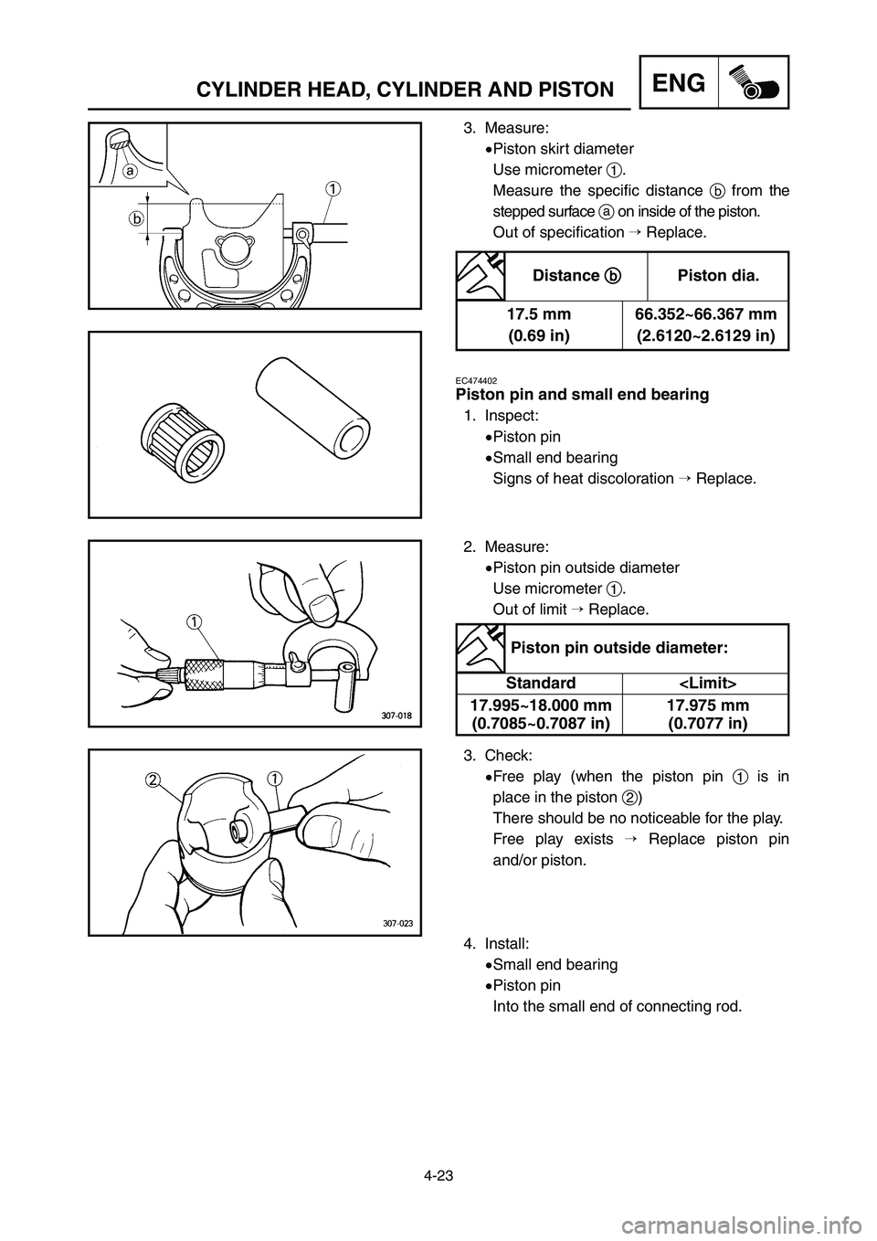 YAMAHA YZ250LC 2006  Notices Demploi (in French) 4-23
ENGCYLINDER HEAD, CYLINDER AND PISTON
3. Measure:
9Piston skirt diameter
Use micrometer 1.
Measure the specific distance bfrom the
stepped surface aon inside of the piston.
Out of specification 
