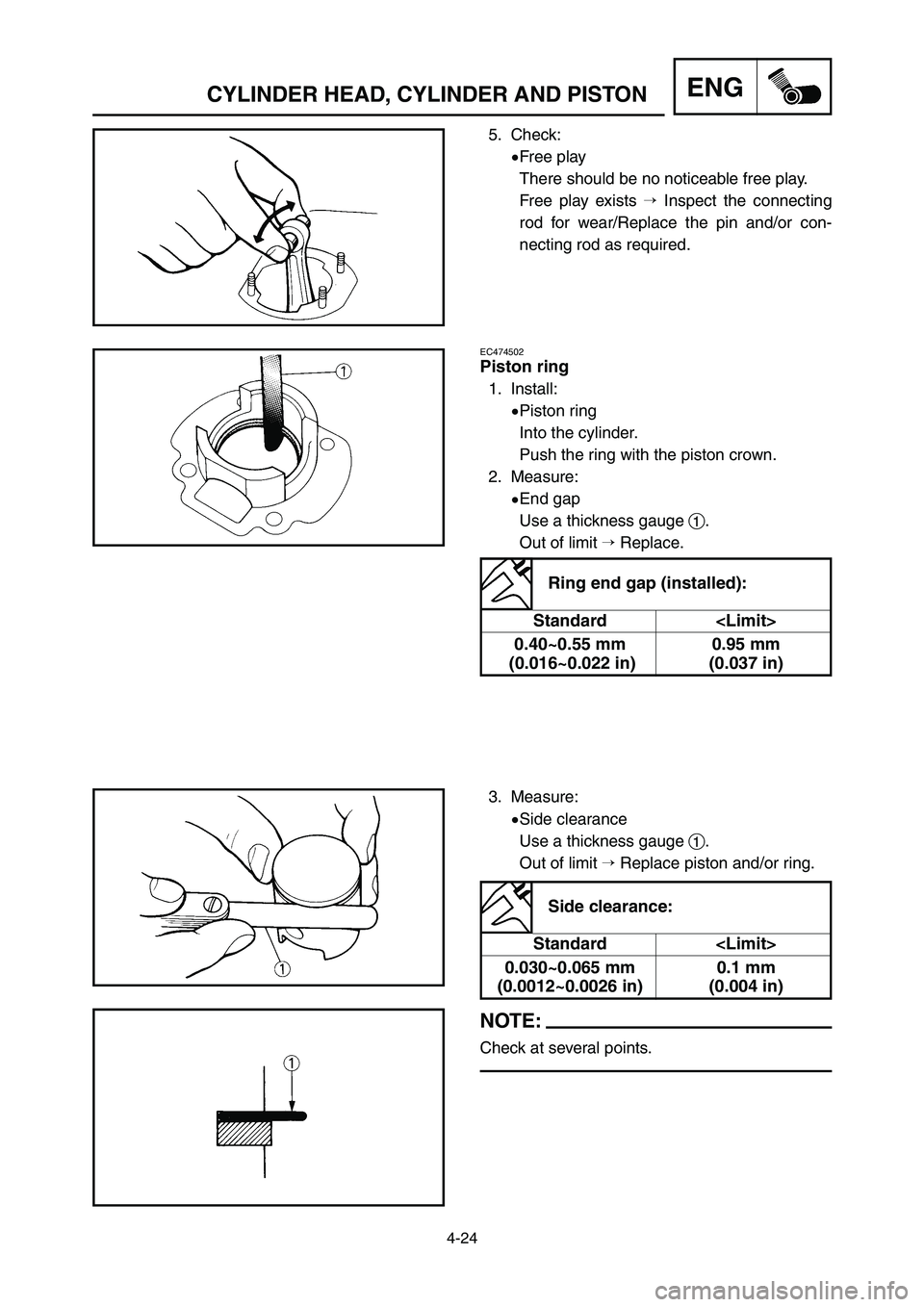 YAMAHA YZ250LC 2006  Notices Demploi (in French) 4-24
ENGCYLINDER HEAD, CYLINDER AND PISTON
EC474502
Piston ring
1. Install:
9Piston ring
Into the cylinder.
Push the ring with the piston crown.
2. Measure:
9End gap
Use a thickness gauge 1.
Out of li