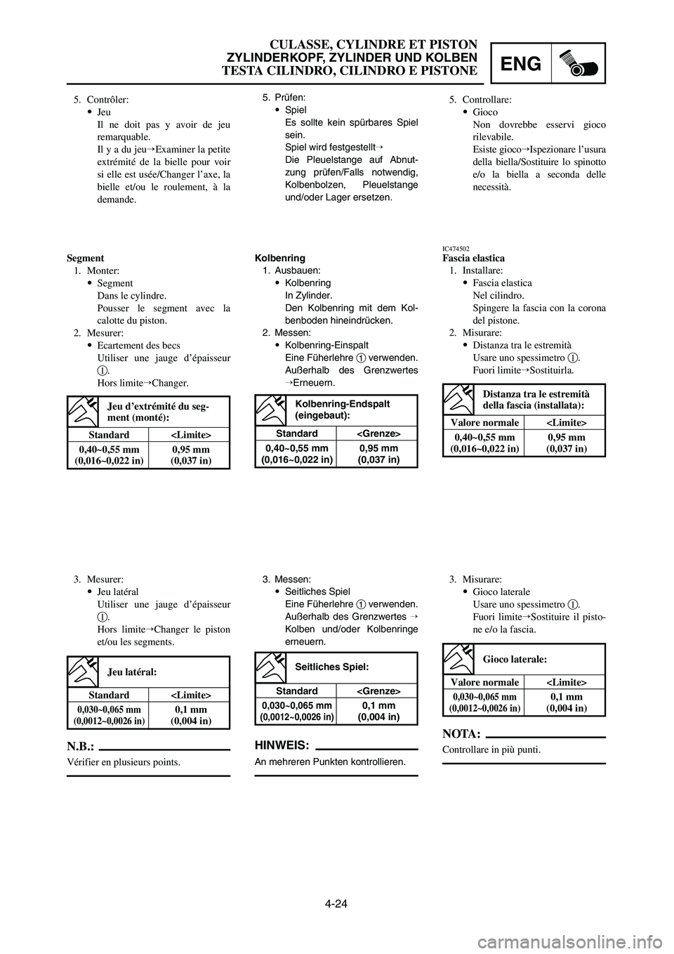 YAMAHA YZ250LC 2006  Notices Demploi (in French) 4-24
CULASSE, CYLINDRE ET PISTON
ZYLINDERKOPF, ZYLINDER UND KOLBEN
TESTA CILINDRO, CILINDRO E PISTONEENG
3. Misurare:
9Gioco laterale
Usare uno spessimetro 1.
Fuori limiteSostituire il pisto-
ne e/o 