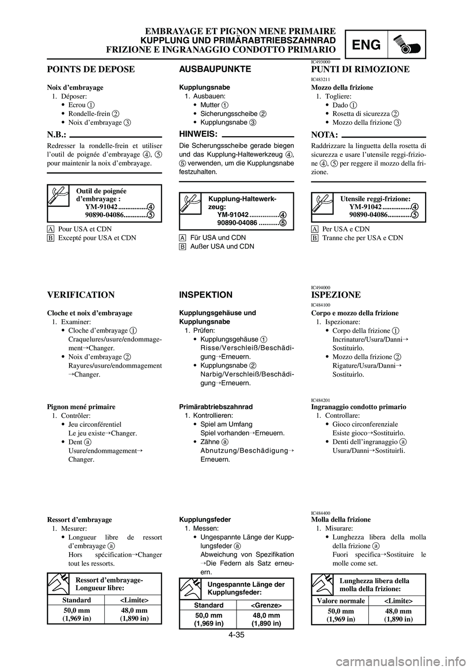 YAMAHA YZ250LC 2006  Notices Demploi (in French) 4-35
EMBRAYAGE ET PIGNON MENE PRIMAIRE
KUPPLUNG UND PRIMÄRABTRIEBSZAHNRAD
FRIZIONE E INGRANAGGIO CONDOTTO PRIMARIOENG
INSPEKTION
Kupplungsgehäuse und 
Kupplungsnabe
1. Prüfen:
9Kupplungsgehäuse 1
