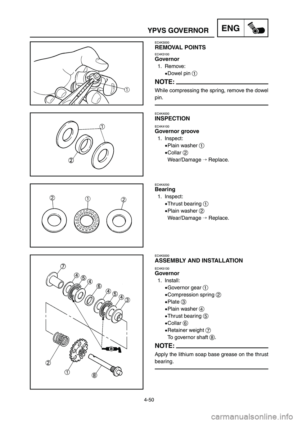 YAMAHA YZ250LC 2006  Owners Manual 4-50
YPVS GOVERNORENG
EC4K5000
ASSEMBLY AND INSTALLATION
EC4K5130
Governor
1. Install:
9Governor gear 1
9Compression spring 2
9Plate 3
9Plain washer 4
9Thrust bearing 5
9Collar 6
9Retainer weight 7
To