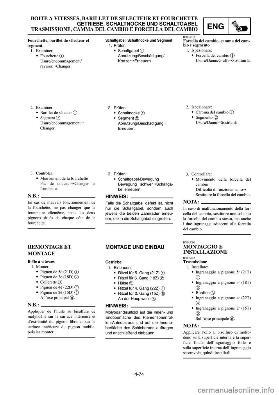 YAMAHA YZ250LC 2006  Notices Demploi (in French) 4-74
BOITE A VITESSES, BARILLET DE SELECTEUR ET FOURCHETTE
GETRIEBE, SCHALTNOCKE UND SCHALTGABEL
TRASMISSIONE, CAMMA DEL CAMBIO E FORCELLA DEL CAMBIOENG
Schaltgabel, Schaltnocke und Segment
1. Prüfen