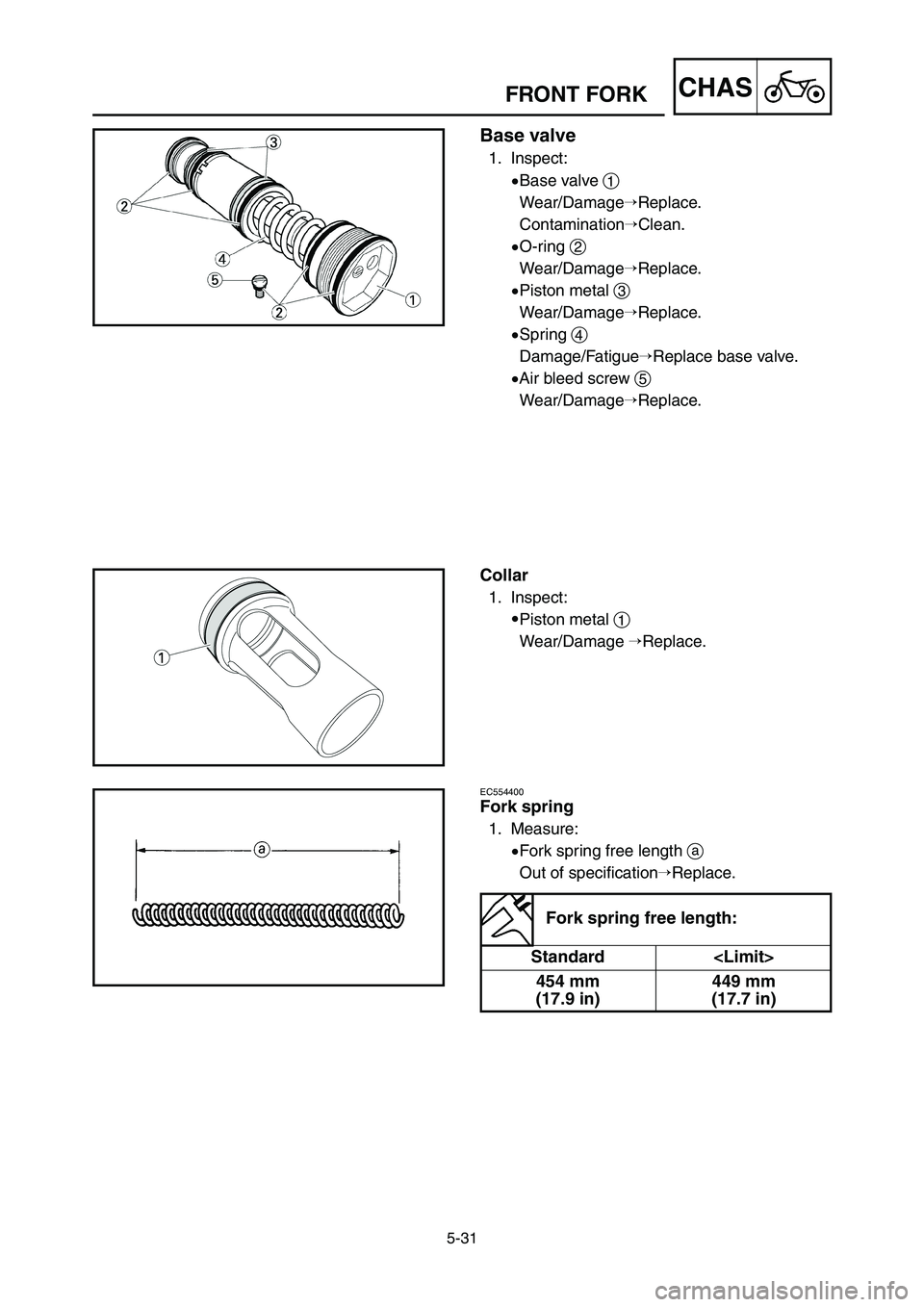 YAMAHA YZ250LC 2006  Owners Manual 5-31
CHASFRONT FORK
Base valve
1. Inspect:
9Base valve 1
Wear/DamageReplace.
ContaminationClean.
9O-ring 2
Wear/DamageReplace.
9Piston metal 3
Wear/DamageReplace.
9Spring 4
Damage/FatigueReplace 