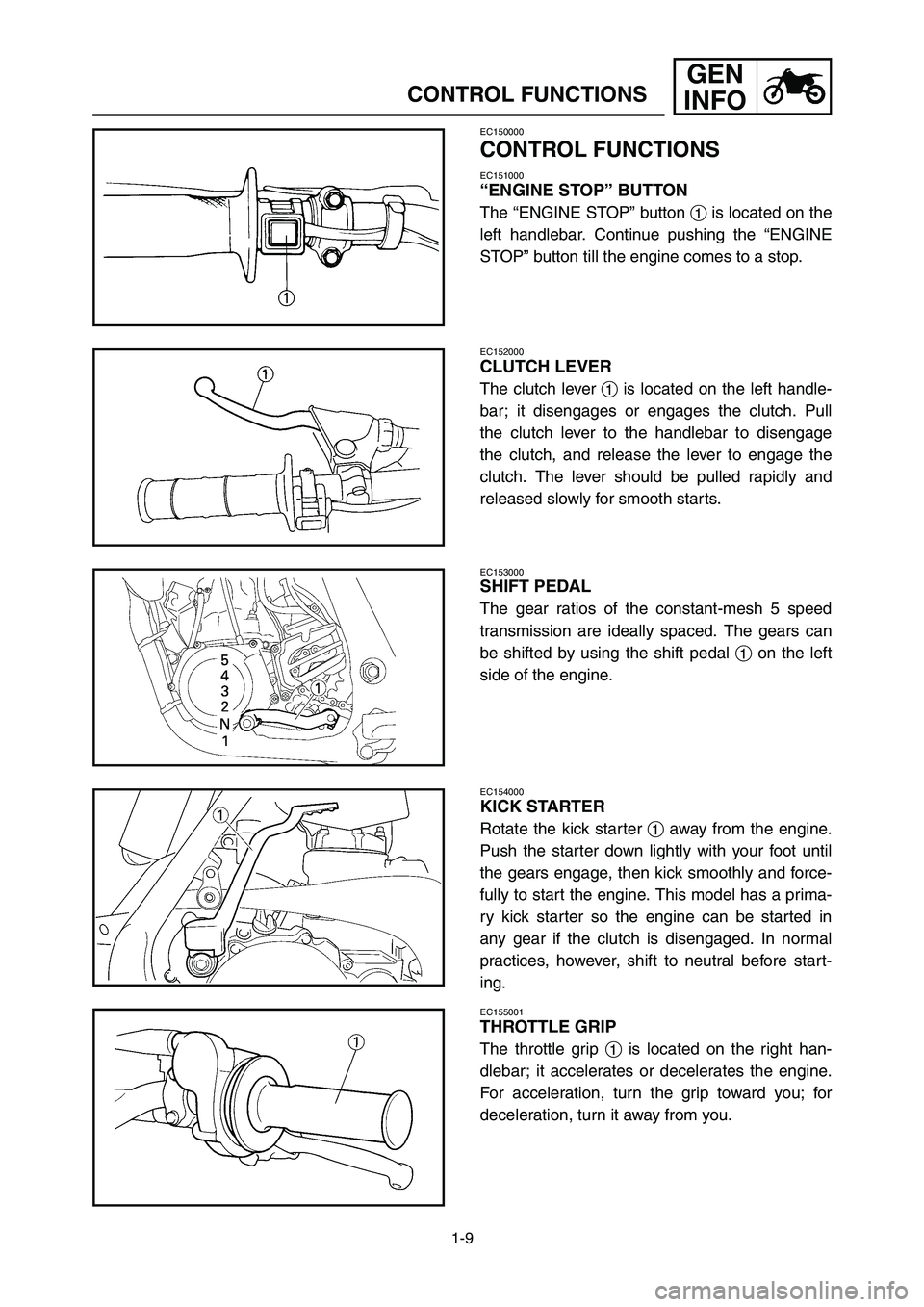 YAMAHA YZ250LC 2006 Notices Demploi (in French) 1-9
CONTROL FUNCTIONS
GEN
INFO
EC150000
CONTROL FUNCTIONS
EC151000
“ENGINE STOP” BUTTON
The “ENGINE STOP” button 1is located on the
left handlebar. Continue pushing the “ENGINE
STOP” butto YAMAHA YZ250LC 2006 Notices Demploi (in French) 1-9
CONTROL FUNCTIONS
GEN
INFO
EC150000
CONTROL FUNCTIONS
EC151000
“ENGINE STOP” BUTTON
The “ENGINE STOP” button 1is located on the
left handlebar. Continue pushing the “ENGINE
STOP” butto