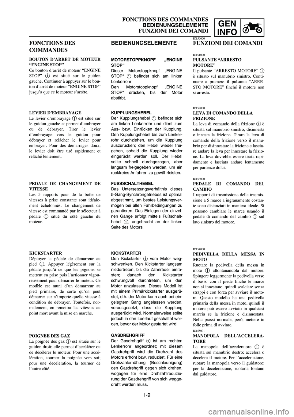 YAMAHA YZ250LC 2006 Notices Demploi (in French) 1-9
FONCTIONS DES COMMANDES
BEDIENUNGSELEMENTE
FUNZIONI DEI COMANDI
GEN
INFO
FONCTIONS DES
COMMANDES
BOUTON D’ARRET DE MOTEUR
“ENGINE STOP”
Ce bouton d’arrêt de moteur “ENGINE
STOP” 1est YAMAHA YZ250LC 2006 Notices Demploi (in French) 1-9
FONCTIONS DES COMMANDES
BEDIENUNGSELEMENTE
FUNZIONI DEI COMANDI
GEN
INFO
FONCTIONS DES
COMMANDES
BOUTON D’ARRET DE MOTEUR
“ENGINE STOP”
Ce bouton d’arrêt de moteur “ENGINE
STOP” 1est