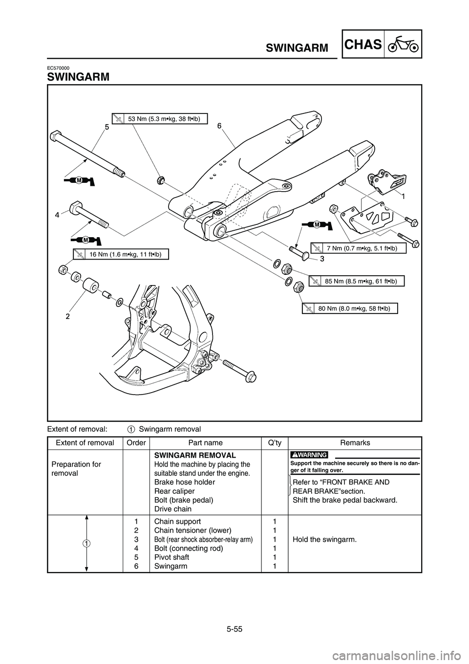YAMAHA YZ250LC 2006  Owners Manual 5-55
CHASSWINGARM
Extent of removal Order Part name Q’ty Remarks
SWINGARM REMOVAL
Preparation for
Hold the machine by placing the
removalsuitable stand under the engine.
Brake hose holderRefer to 