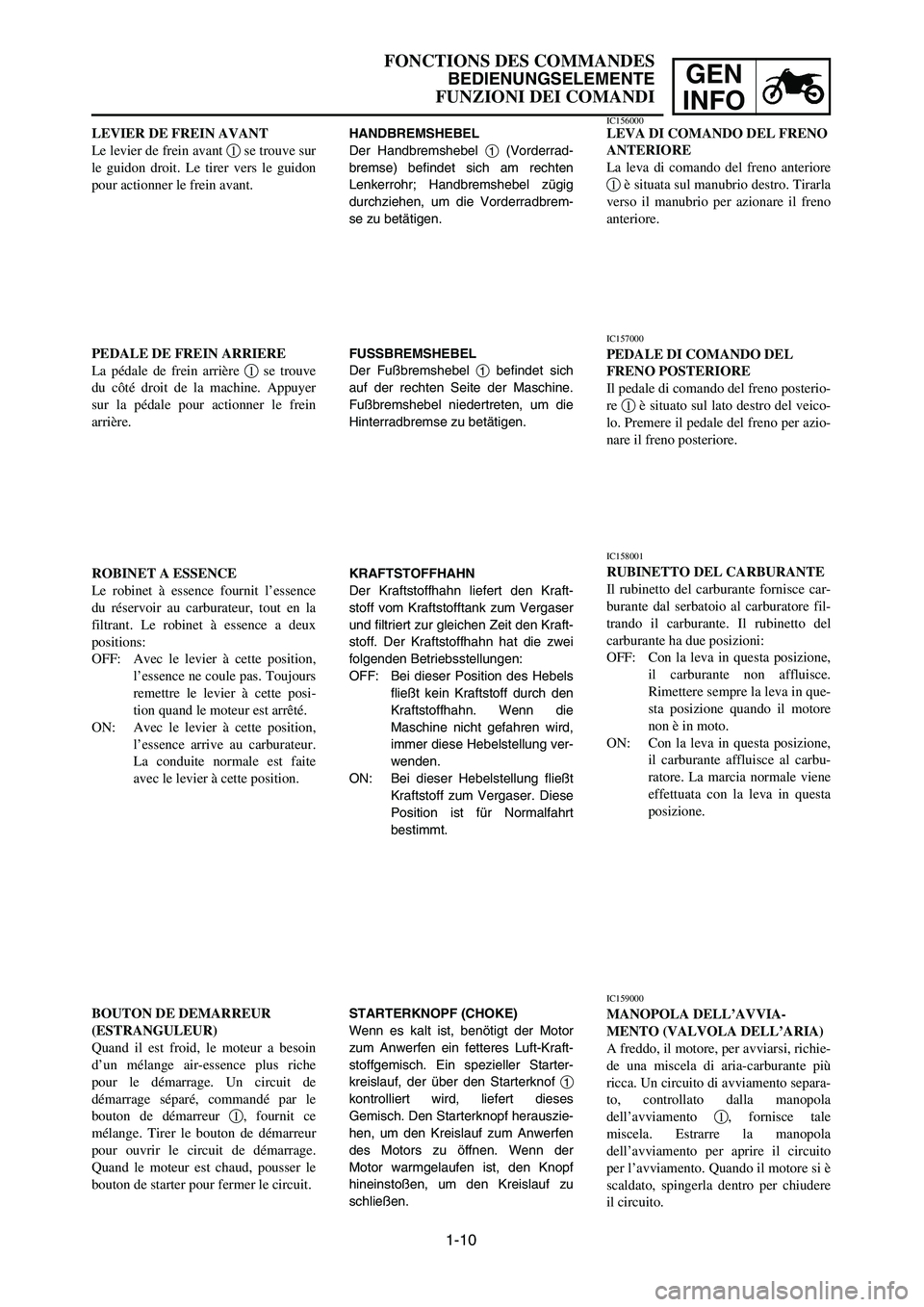 YAMAHA YZ250LC 2006 Notices Demploi (in French) FONCTIONS DES COMMANDES
BEDIENUNGSELEMENTE
FUNZIONI DEI COMANDI
GEN
INFO
1-10
HANDBREMSHEBEL
Der Handbremshebel 1(Vorderrad-
bremse) befindet sich am rechten
Lenkerrohr; Handbremshebel zügig
durchzie YAMAHA YZ250LC 2006 Notices Demploi (in French) FONCTIONS DES COMMANDES
BEDIENUNGSELEMENTE
FUNZIONI DEI COMANDI
GEN
INFO
1-10
HANDBREMSHEBEL
Der Handbremshebel 1(Vorderrad-
bremse) befindet sich am rechten
Lenkerrohr; Handbremshebel zügig
durchzie