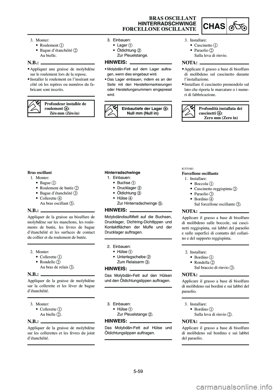 YAMAHA YZ250LC 2006 Owners Manual 5-59
CHAS
BRAS OSCILLANT
HINTERRADSCHWINGE
FORCELLONE OSCILLANTE
Bras oscillant
1. Monter:
9Bague 1
9Roulement de butée 2
9Bague d’étanchéité 3
9Collerette 4
Au bras oscillant 5.
N.B.:
Appliquer YAMAHA YZ250LC 2006 Owners Manual 5-59
CHAS
BRAS OSCILLANT
HINTERRADSCHWINGE
FORCELLONE OSCILLANTE
Bras oscillant
1. Monter:
9Bague 1
9Roulement de butée 2
9Bague d’étanchéité 3
9Collerette 4
Au bras oscillant 5.
N.B.:
Appliquer
