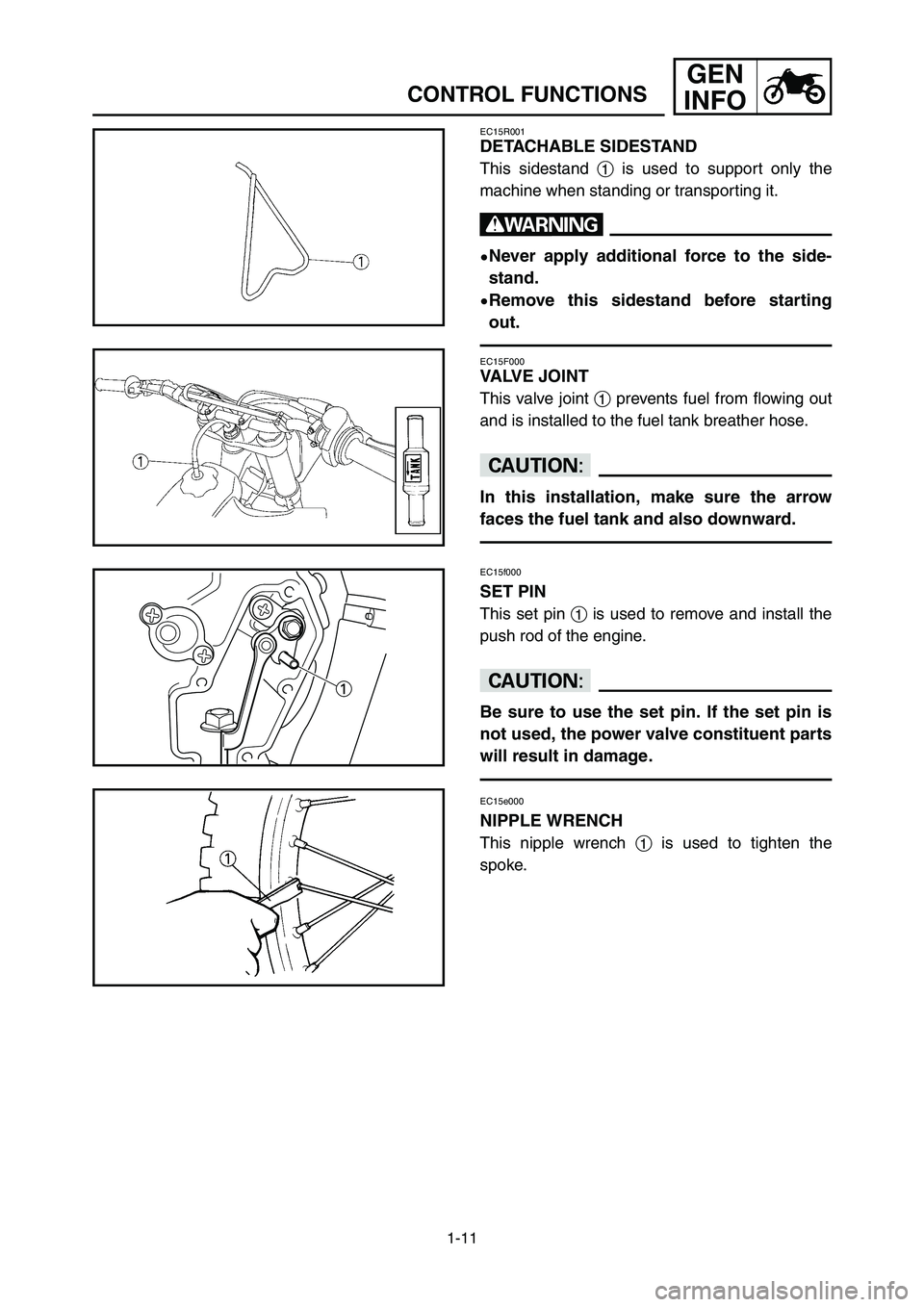 YAMAHA YZ250LC 2006 Notices Demploi (in French) 1-11
CONTROL FUNCTIONS
GEN
INFO
EC15F000
VALVE JOINT
This valve joint 1prevents fuel from flowing out
and is installed to the fuel tank breather hose.
cC
In this installation, make sure the arrow
face YAMAHA YZ250LC 2006 Notices Demploi (in French) 1-11
CONTROL FUNCTIONS
GEN
INFO
EC15F000
VALVE JOINT
This valve joint 1prevents fuel from flowing out
and is installed to the fuel tank breather hose.
cC
In this installation, make sure the arrow
face