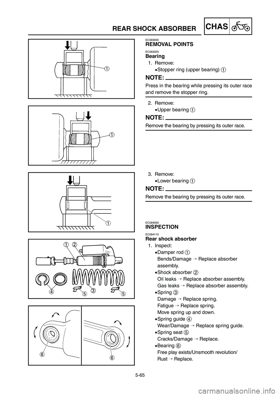 YAMAHA YZ250LC 2006  Owners Manual 5-65
CHASREAR SHOCK ABSORBER
EC583000
REMOVAL POINTS
EC583320
Bearing
1. Remove:
9Stopper ring (upper bearing) 1
NOTE:
Press in the bearing while pressing its outer race
and remove the stopper ring.
2