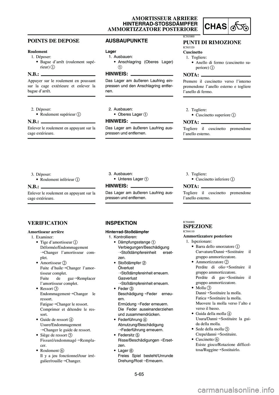 YAMAHA YZ250LC 2006  Owners Manual 5-65
CHAS
AMORTISSEUR ARRIERE
HINTERRAD-STOSSDÄMPFER
AMMORTIZZATORE POSTERIORE
AUSBAUPUNKTE
Lager
1. Ausbauen:
9Anschlagring (Oberes Lager)
1
HINWEIS:
Das Lager am äußeren Laufring ein-
pressen und