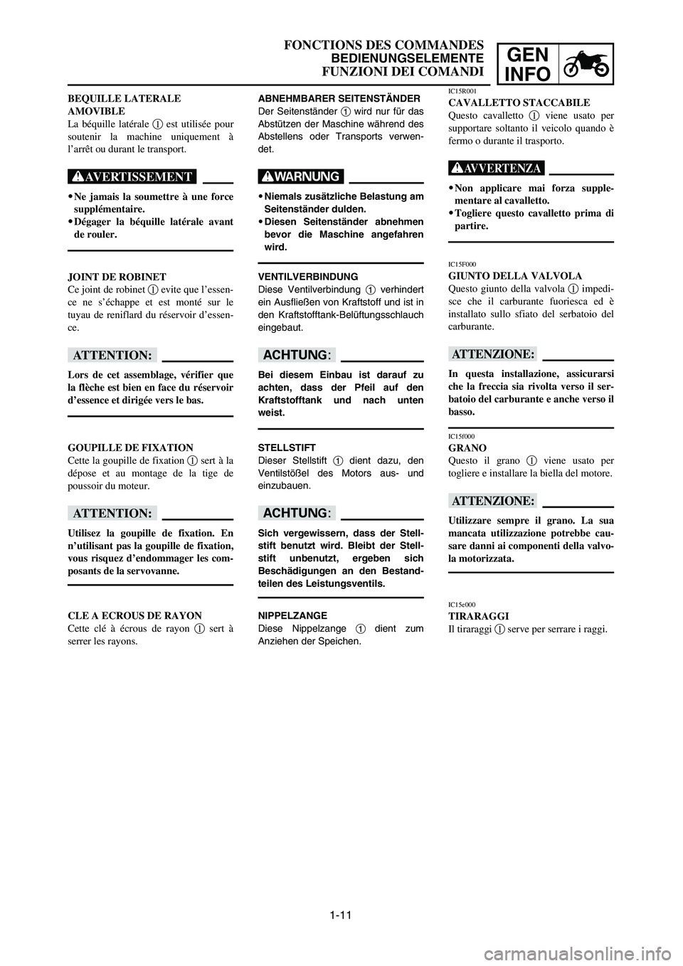 YAMAHA YZ250LC 2006 Workshop Manual 1-11
FONCTIONS DES COMMANDES
BEDIENUNGSELEMENTE
FUNZIONI DEI COMANDI
GEN
INFO
JOINT DE ROBINET
Ce joint de robinet 1evite que l’essen-
ce ne s’échappe et est monté sur le
tuyau de reniflard du r YAMAHA YZ250LC 2006 Workshop Manual 1-11
FONCTIONS DES COMMANDES
BEDIENUNGSELEMENTE
FUNZIONI DEI COMANDI
GEN
INFO
JOINT DE ROBINET
Ce joint de robinet 1evite que l’essen-
ce ne s’échappe et est monté sur le
tuyau de reniflard du r