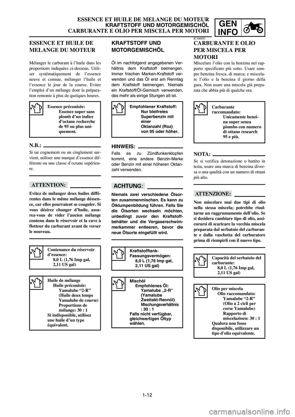 YAMAHA YZ250LC 2006 Workshop Manual 1-12
ESSENCE ET HUILE DE MELANGE DU MOTEUR
KRAFTSTOFF UND MOTORGEMISCHÖL
CARBURANTE E OLIO PER MISCELA PER MOTORI
GEN
INFO
KRAFTSTOFF UND
MOTORGEMISCHÖL
Öl im nachfolgend angegebenen Ver-
hältnis YAMAHA YZ250LC 2006 Workshop Manual 1-12
ESSENCE ET HUILE DE MELANGE DU MOTEUR
KRAFTSTOFF UND MOTORGEMISCHÖL
CARBURANTE E OLIO PER MISCELA PER MOTORI
GEN
INFO
KRAFTSTOFF UND
MOTORGEMISCHÖL
Öl im nachfolgend angegebenen Ver-
hältnis