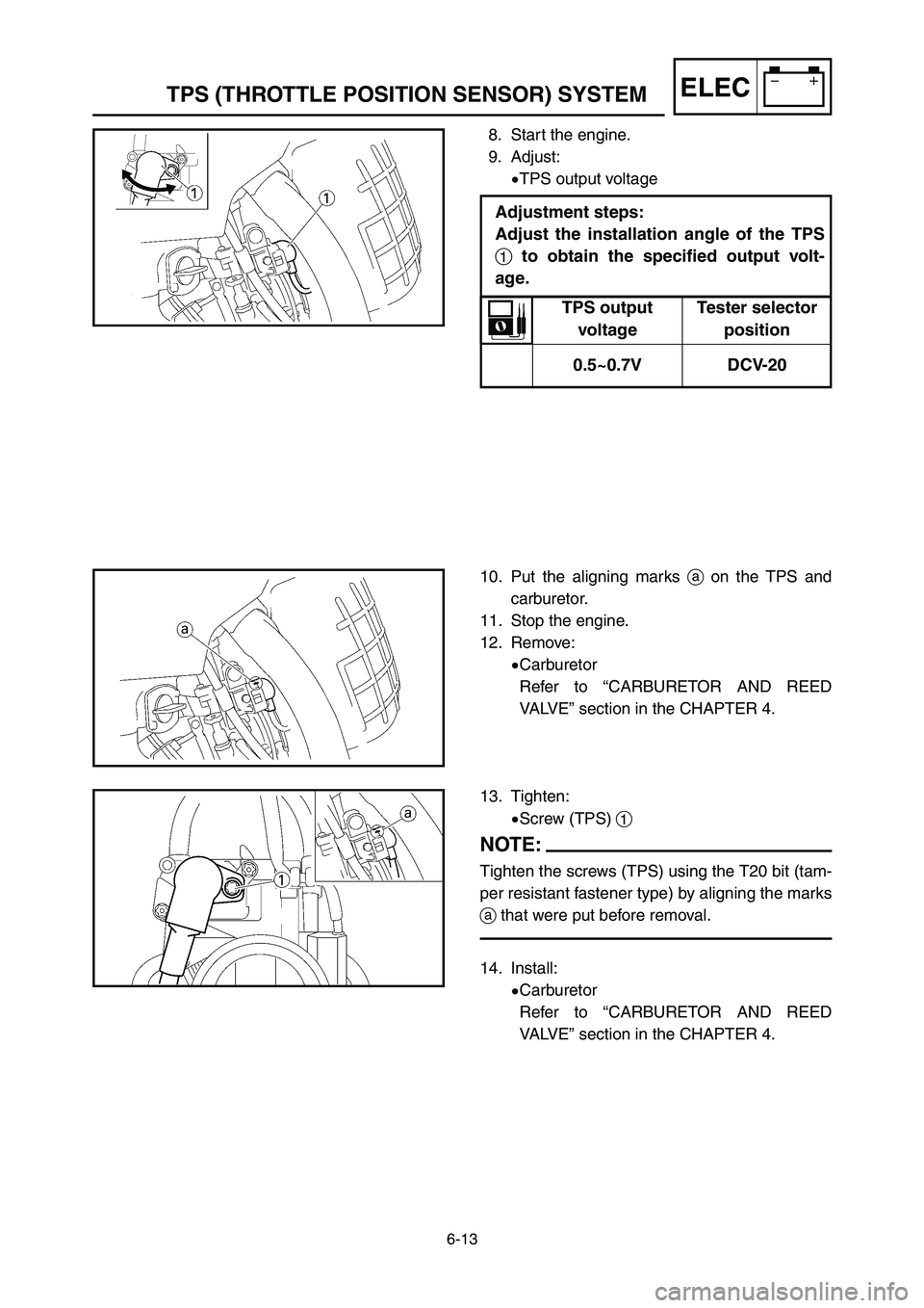YAMAHA YZ250LC 2006  Owners Manual 6-13
TPS (THROTTLE POSITION SENSOR) SYSTEMELEC
10. Put the aligning marks aon the TPS and
carburetor.
11. Stop the engine.
12. Remove:
9Carburetor
Refer to “CARBURETOR AND REED
VALVE” section in t