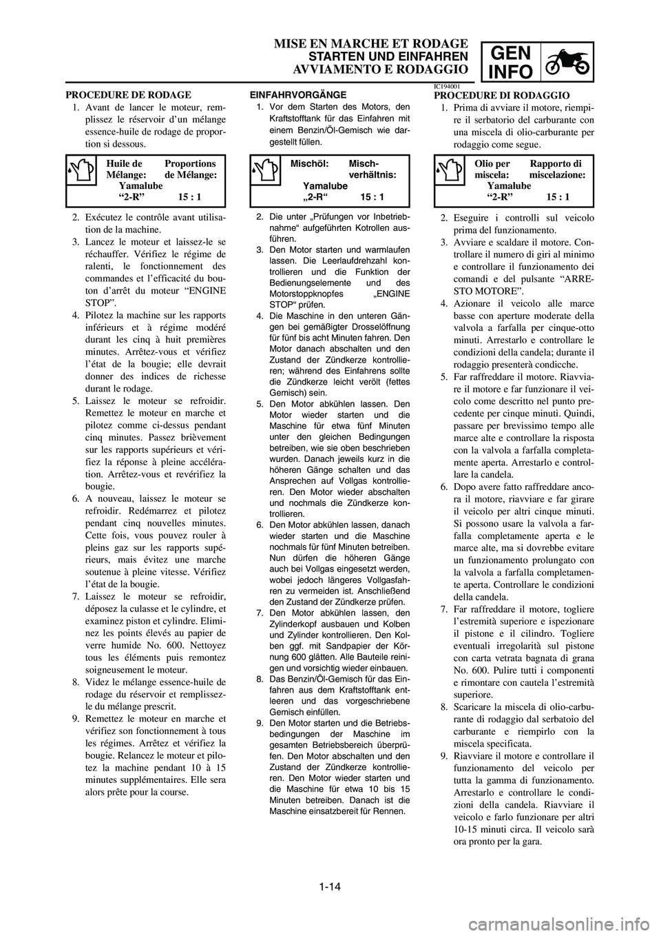 YAMAHA YZ250LC 2006 Workshop Manual 1-14
MISE EN MARCHE ET RODAGE
STARTEN UND EINFAHREN
AVVIAMENTO E RODAGGIO
GEN
INFO
EINFAHRVORGÄNGE
1. Vor dem Starten des Motors, den
Kraftstofftank für das Einfahren mit
einem Benzin/Öl-Gemisch wi YAMAHA YZ250LC 2006 Workshop Manual 1-14
MISE EN MARCHE ET RODAGE
STARTEN UND EINFAHREN
AVVIAMENTO E RODAGGIO
GEN
INFO
EINFAHRVORGÄNGE
1. Vor dem Starten des Motors, den
Kraftstofftank für das Einfahren mit
einem Benzin/Öl-Gemisch wi