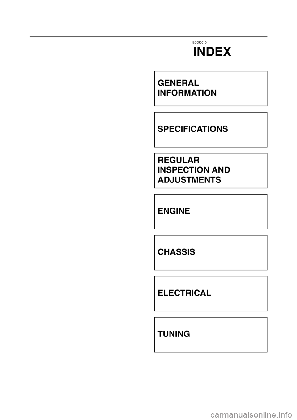 YAMAHA YZ250LC 2005  Notices Demploi (in French) EC090010
INDEX
GENERAL
INFORMATION
SPECIFICATIONS
REGULAR
INSPECTION AND
ADJUSTMENTS
ENGINE
CHASSIS
ELECTRICAL
TUNING
 1P8-9-30-0  19/5/04 8:58 AM  Page 16 