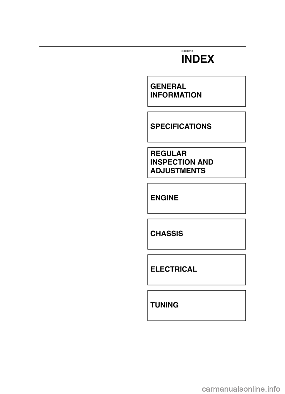 YAMAHA YZ250LC 2004  Owners Manual EC090010
INDEX
GENERAL
INFORMATION
SPECIFICATIONS
REGULAR
INSPECTION AND
ADJUSTMENTS
ENGINE
CHASSIS
ELECTRICAL
TUNING
 5XF-9-30-0  4/4/03 5:41 PM  Page 16 