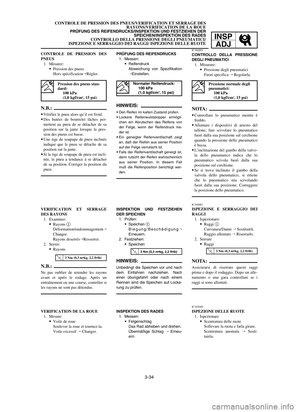 YAMAHA YZ250LC 2003  Owners Manual 3-34
CONTROLE DE PRESSION DES PNEUS/VERIFICATION ET SERRAGE DES
RAYONS/VERIFICATION DE LA ROUE
PRÜFUNG DES REIFENDRUCKS/INSPEKTION UND FESTZIEHEN DER 
SPEICHEN/INSPEKTION DES RADES
CONTROLLO DELLA PR