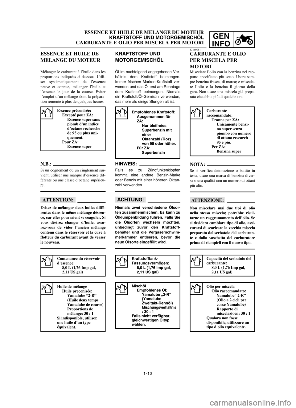 YAMAHA YZ250LC 2003  Notices Demploi (in French) 1-12
ESSENCE ET HUILE DE MELANGE DU MOTEUR
KRAFTSTOFF UND MOTORGEMISCHÖL
CARBURANTE E OLIO PER MISCELA PER MOTORI
GEN
INFO
KRAFTSTOFF UND
MOTORGEMISCHÖL
Öl im nachfolgend angegebenen Ver-
hältnis 