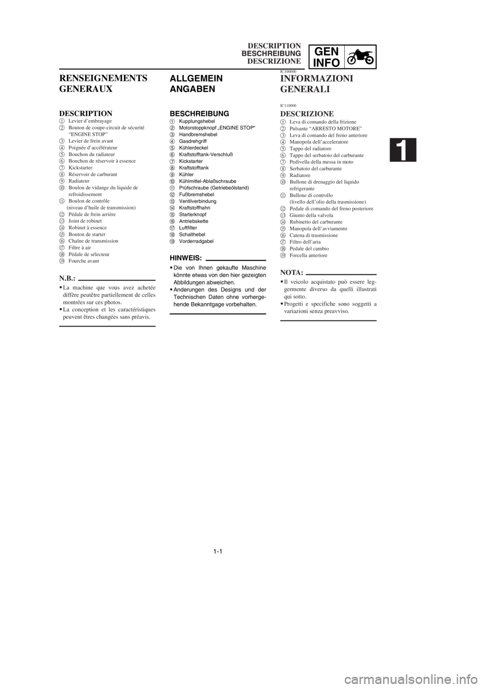 YAMAHA YZ250LC 2002 Owners Manual 1-1
DESCRIPTION
BESCHREIBUNG
DESCRIZIONE
GEN
INFO
ALLGEMEIN
ANGABEN
BESCHREIBUNG1Kupplungshebel
2Motorstoppknopf „ENGINE STOP“
3Handbremshebel
4Gasdrehgriff
5Kühlerdeckel
6Kraftstofftank-Verschlu YAMAHA YZ250LC 2002 Owners Manual 1-1
DESCRIPTION
BESCHREIBUNG
DESCRIZIONE
GEN
INFO
ALLGEMEIN
ANGABEN
BESCHREIBUNG1Kupplungshebel
2Motorstoppknopf „ENGINE STOP“
3Handbremshebel
4Gasdrehgriff
5Kühlerdeckel
6Kraftstofftank-Verschlu