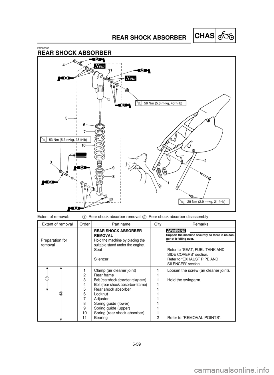 YAMAHA YZ250LC 2001  Notices Demploi (in French) 5-59
CHASREAR SHOCK ABSORBER
EC580000
REAR SHOCK ABSORBER
Extent of removal Order Part name Q’ty Remarks
REAR SHOCK ABSORBER
REMOVAL
Preparation forHold the machine by placing the
removalsuitable st
