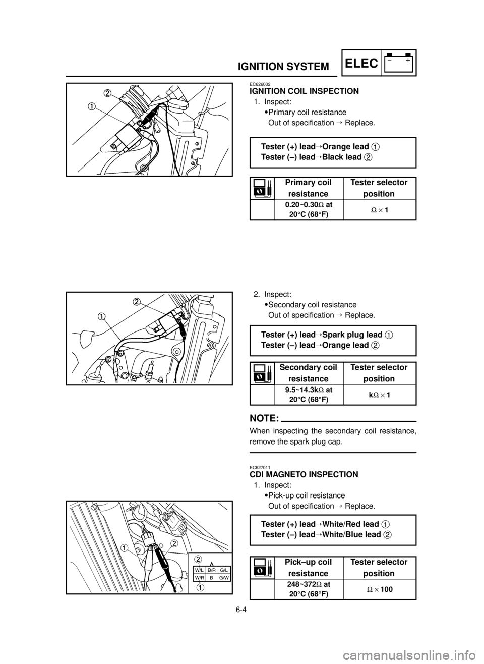 YAMAHA YZ250LC 2001  Notices Demploi (in French) 6-4
IGNITION SYSTEMELEC
EC626002
IGNITION COIL INSPECTION
1. Inspect:
9Primary coil resistance
Out of specification ÕReplace.
2. Inspect:
9Secondary coil resistance
Out of specification ÕReplace.
NO