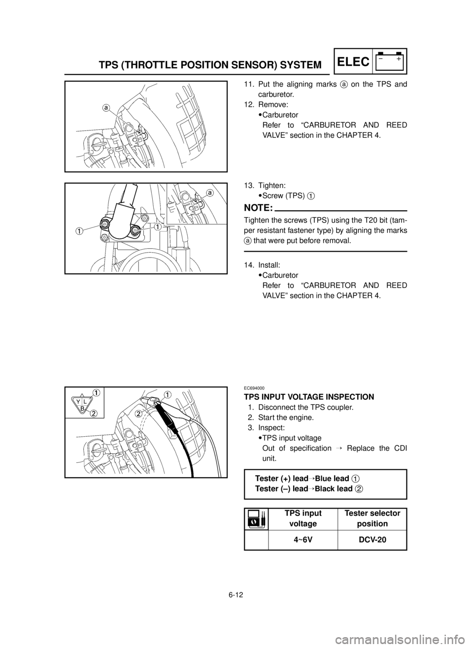 YAMAHA YZ250LC 2001 Notices Demploi (in French) 6-12
TPS (THROTTLE POSITION SENSOR) SYSTEMELEC
11. Put the aligning marks aon the TPS and
carburetor.
12. Remove:
9Carburetor
Refer to “CARBURETOR AND REED
VALVE” section in the CHAPTER 4.
13. Tig YAMAHA YZ250LC 2001 Notices Demploi (in French) 6-12
TPS (THROTTLE POSITION SENSOR) SYSTEMELEC
11. Put the aligning marks aon the TPS and
carburetor.
12. Remove:
9Carburetor
Refer to “CARBURETOR AND REED
VALVE” section in the CHAPTER 4.
13. Tig