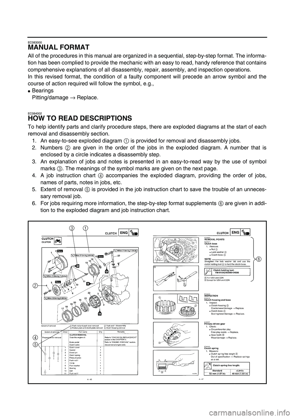 YAMAHA YZ426F 2002  Notices Demploi (in French)  
EC083000 
MANUAL FORMAT 
All of the procedures in this manual are organized in a sequential, step-by-step format. The informa-
tion has been complied to provide the mechanic with an easy to read, ha