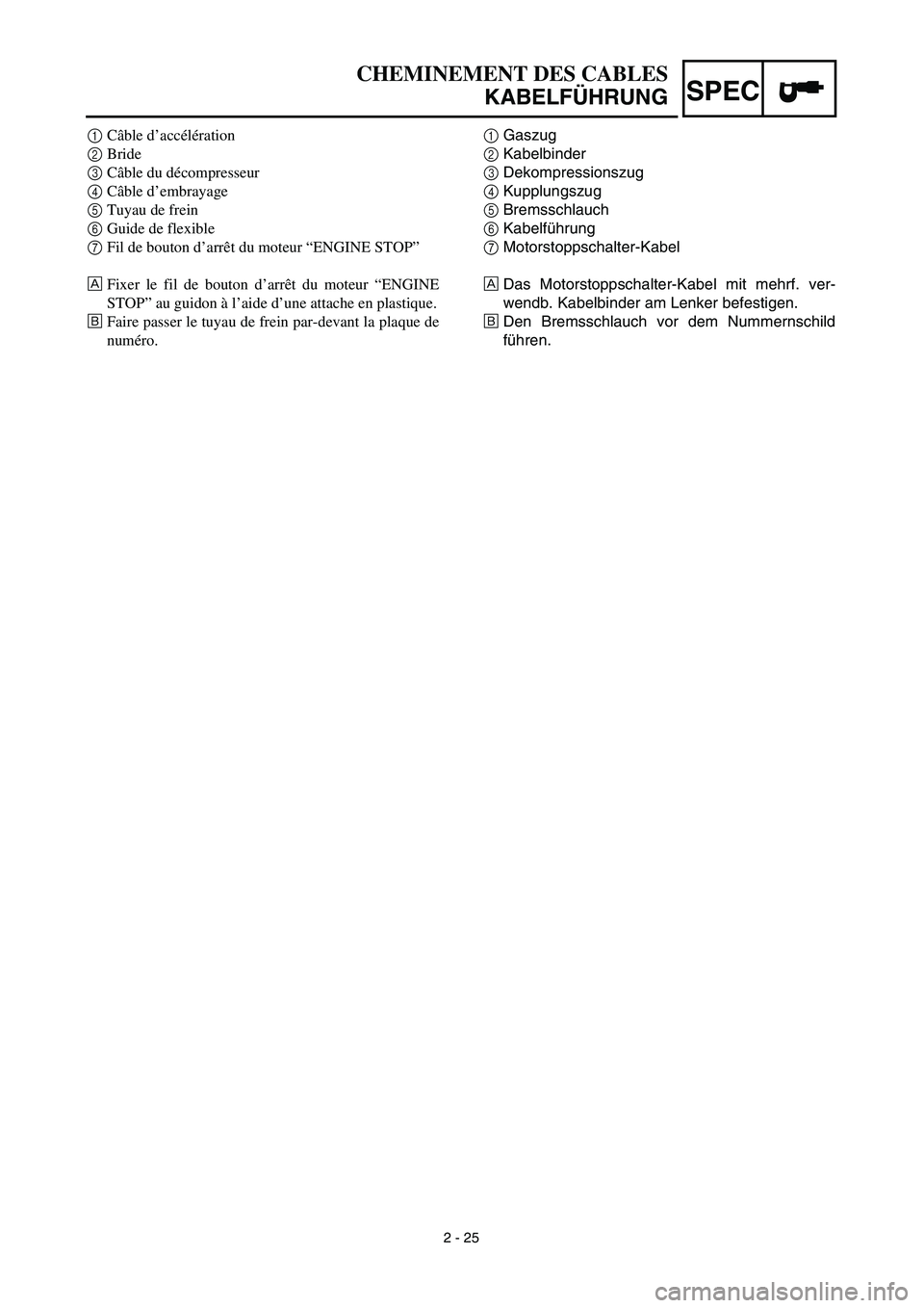 YAMAHA YZ426F 2002 Owners Guide SPEC
2 - 25
CHEMINEMENT DES CABLES
KABELFÜHRUNG
1Gaszug
2Kabelbinder
3Dekompressionszug
4Kupplungszug
5Bremsschlauch
6Kabelführung
7Motorstoppschalter-Kabel
ÅDas Motorstoppschalter-Kabel mit mehrf. YAMAHA YZ426F 2002 Owners Guide SPEC
2 - 25
CHEMINEMENT DES CABLES
KABELFÜHRUNG
1Gaszug
2Kabelbinder
3Dekompressionszug
4Kupplungszug
5Bremsschlauch
6Kabelführung
7Motorstoppschalter-Kabel
ÅDas Motorstoppschalter-Kabel mit mehrf.