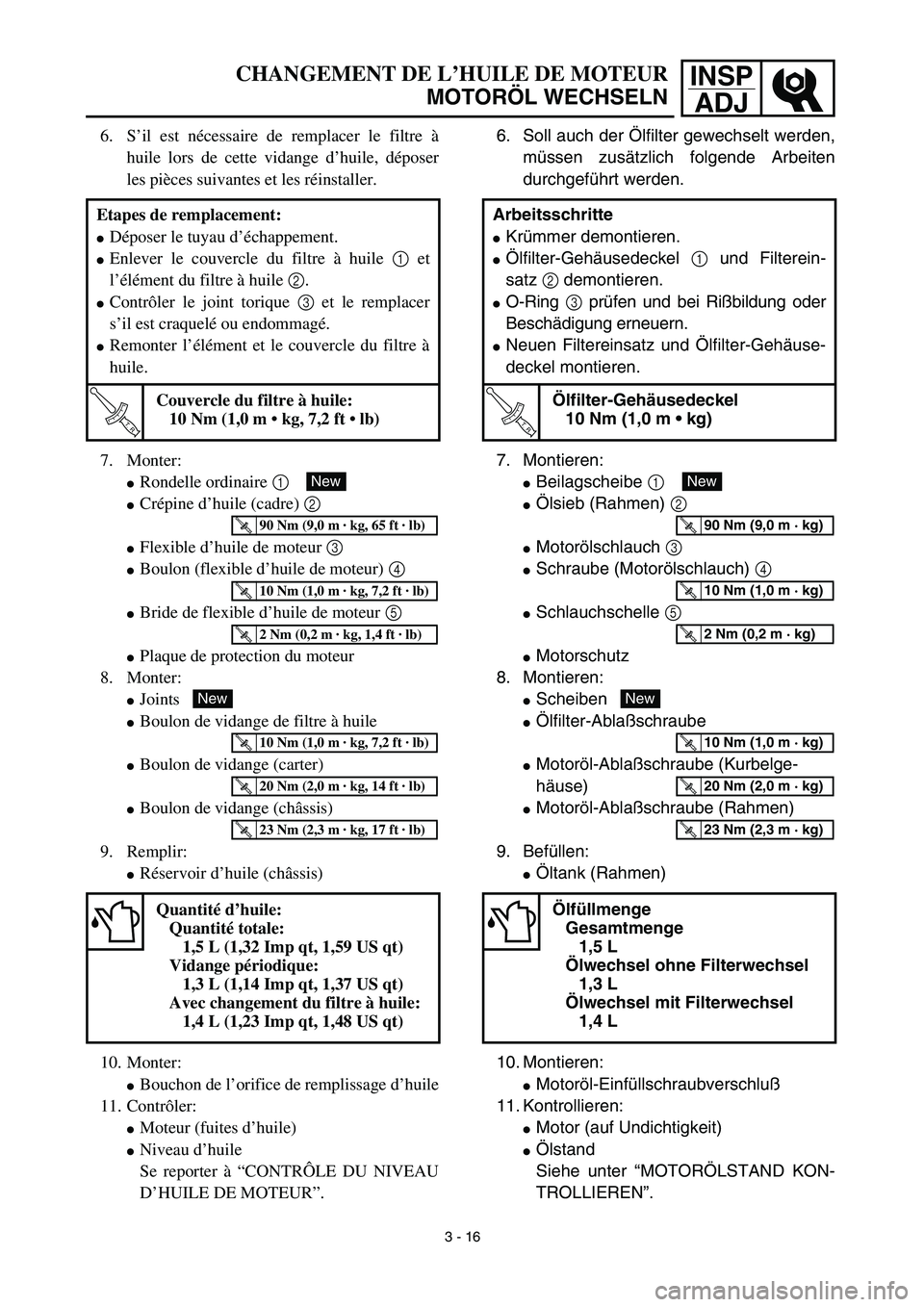 YAMAHA YZ426F 2002  Betriebsanleitungen (in German) INSP
ADJCHANGEMENT DE L’HUILE DE MOTEUR
MOTORÖL WECHSELN
6. Soll auch der Ölfilter gewechselt werden,
müssen zusätzlich folgende Arbeiten
durchgeführt werden.
7. Montieren:
Beilagscheibe 1 
