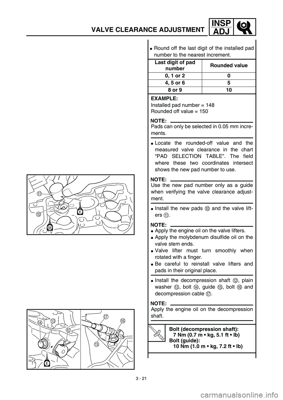 YAMAHA YZ426F 2002 Workshop Manual 3 - 21
INSP
ADJ
VALVE CLEARANCE ADJUSTMENT
Round off the last digit of the installed pad
number to the nearest increment.
Last digit of pad 
numberRounded value
0, 1 or 2 0
4, 5 or 6 5
8 or 9 10
EXAM