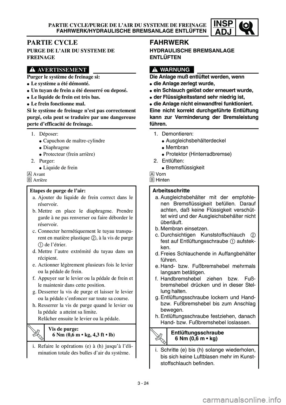YAMAHA YZ426F 2002 User Guide INSP
ADJPARTIE CYCLE/PURGE DE L’AIR DU SYSTEME DE FREINAGE
FAHRWERK/HYDRAULISCHE BREMSANLAGE ENTLÜFTEN
FAHRWERK
HYDRAULISCHE BREMSANLAGE 
ENTLÜFTEN
WARNUNG
Die Anlage muß entlüftet werden, wenn
