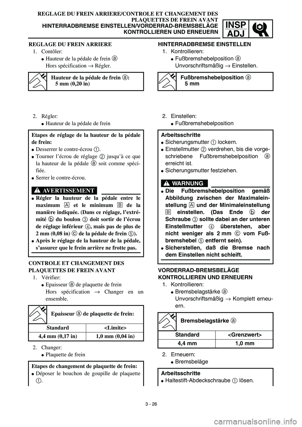 YAMAHA YZ426F 2002 User Guide INSP
ADJ
 
REGLAGE DU FREIN ARRIERE/CONTROLE ET CHANGEMENT DES
PLAQUETTES DE FREIN AVANT 
HINTERRADBREMSE EINSTELLEN/VORDERRAD-BREMSBELÄGE
KONTROLLIEREN UND ERNEUERN
HINTERRADBREMSE EINSTELLEN 
1. Ko