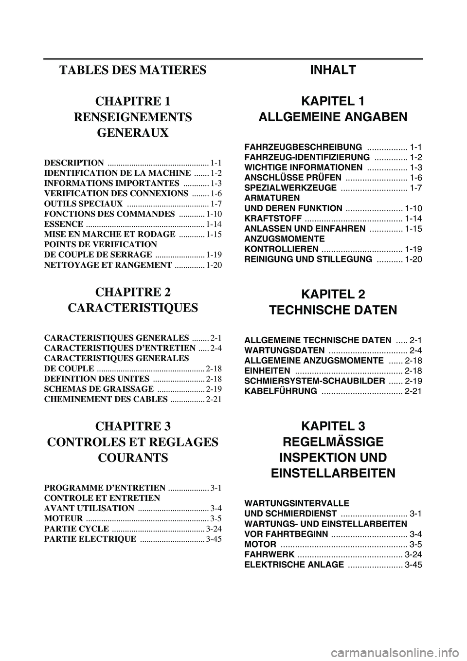 YAMAHA YZ426F 2002 Betriebsanleitungen (in German)
INHALT
KAPITEL 1
ALLGEMEINE ANGABEN
FAHRZEUGBESCHREIBUNG
................. 1-1
FAHRZEUG-IDENTIFIZIERUNG
.............. 1-2
WICHTIGE INFORMATIONEN
................. 1-3
ANSCHLÜSSE PR YAMAHA YZ426F 2002 Betriebsanleitungen (in German)
INHALT
KAPITEL 1
ALLGEMEINE ANGABEN
FAHRZEUGBESCHREIBUNG
................. 1-1
FAHRZEUG-IDENTIFIZIERUNG
.............. 1-2
WICHTIGE INFORMATIONEN
................. 1-3
ANSCHLÜSSE PR
