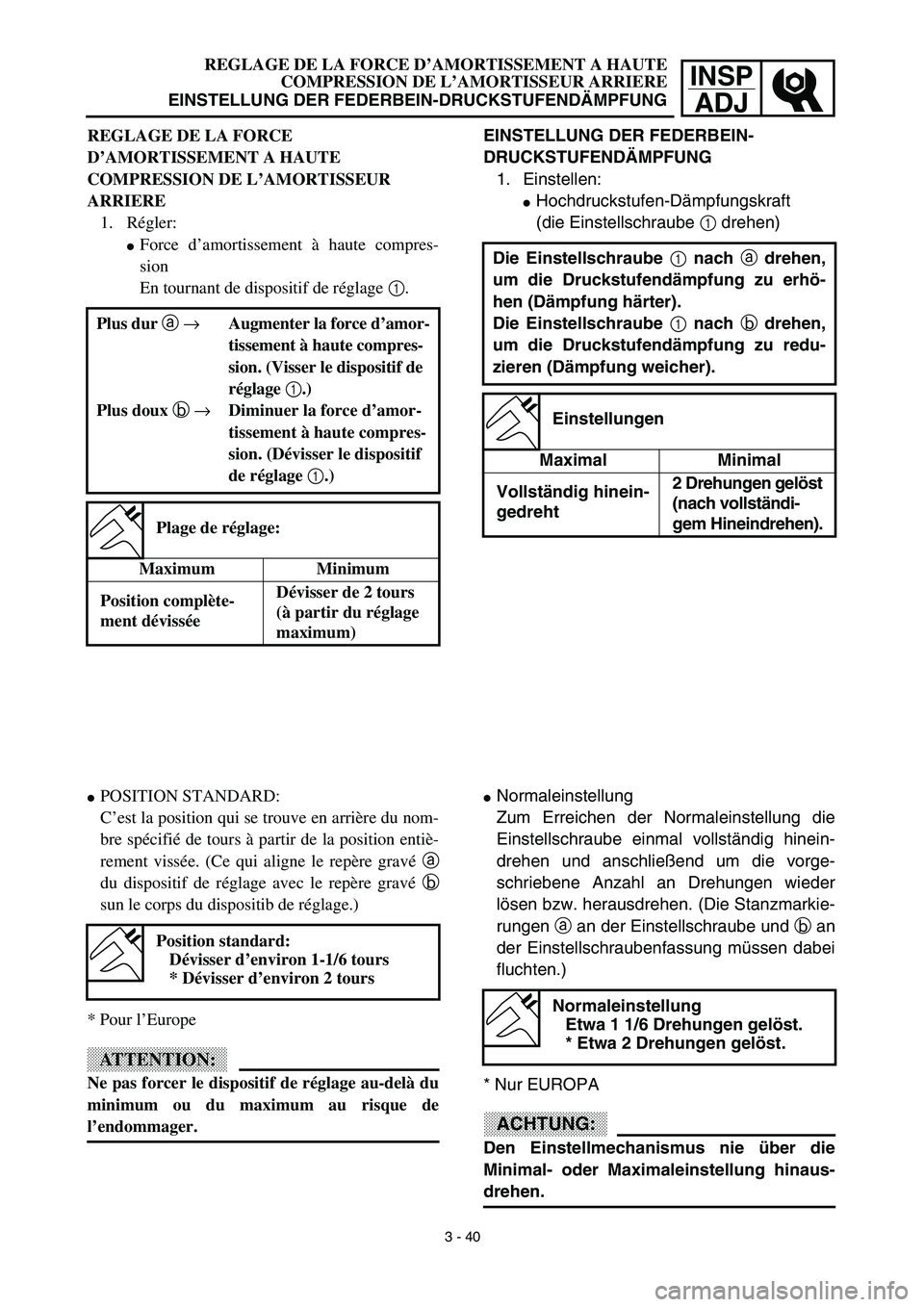 YAMAHA YZ426F 2002  Betriebsanleitungen (in German) INSP
ADJ
EINSTELLUNG DER FEDERBEIN-
DRUCKSTUFENDÄMPFUNG
1. Einstellen:
Hochdruckstufen-Dämpfungskraft
(die Einstellschraube 1 drehen)
Die Einstellschraube 1 nach a drehen,
um die Druckstufendämpfu