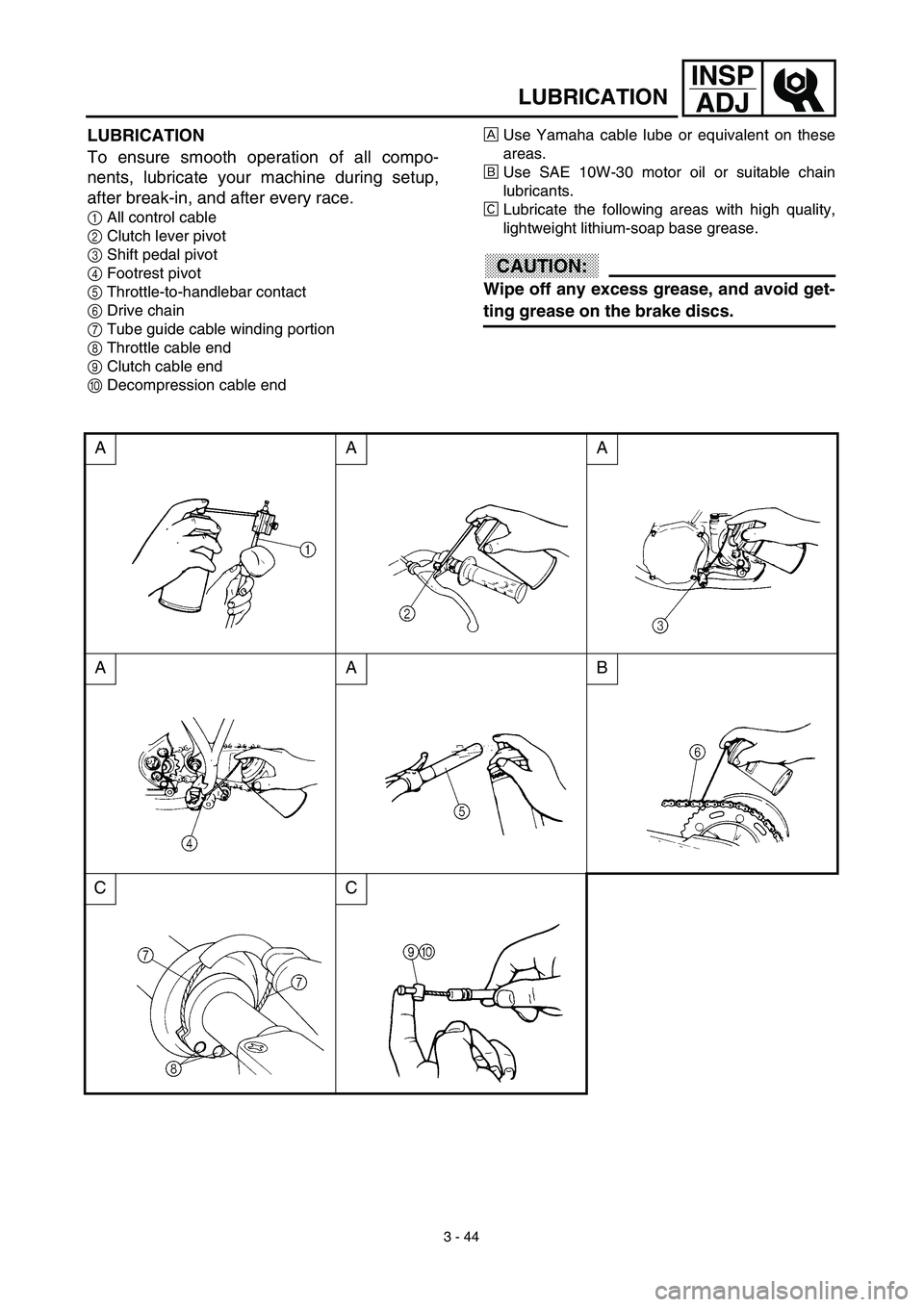 YAMAHA YZ426F 2002  Owners Manual 3 - 44
INSP
ADJ
LUBRICATION
LUBRICATION
To ensure smooth operation of all compo-
nents, lubricate your machine during setup,
after break-in, and after every race.
1All control cable
2Clutch lever pivo