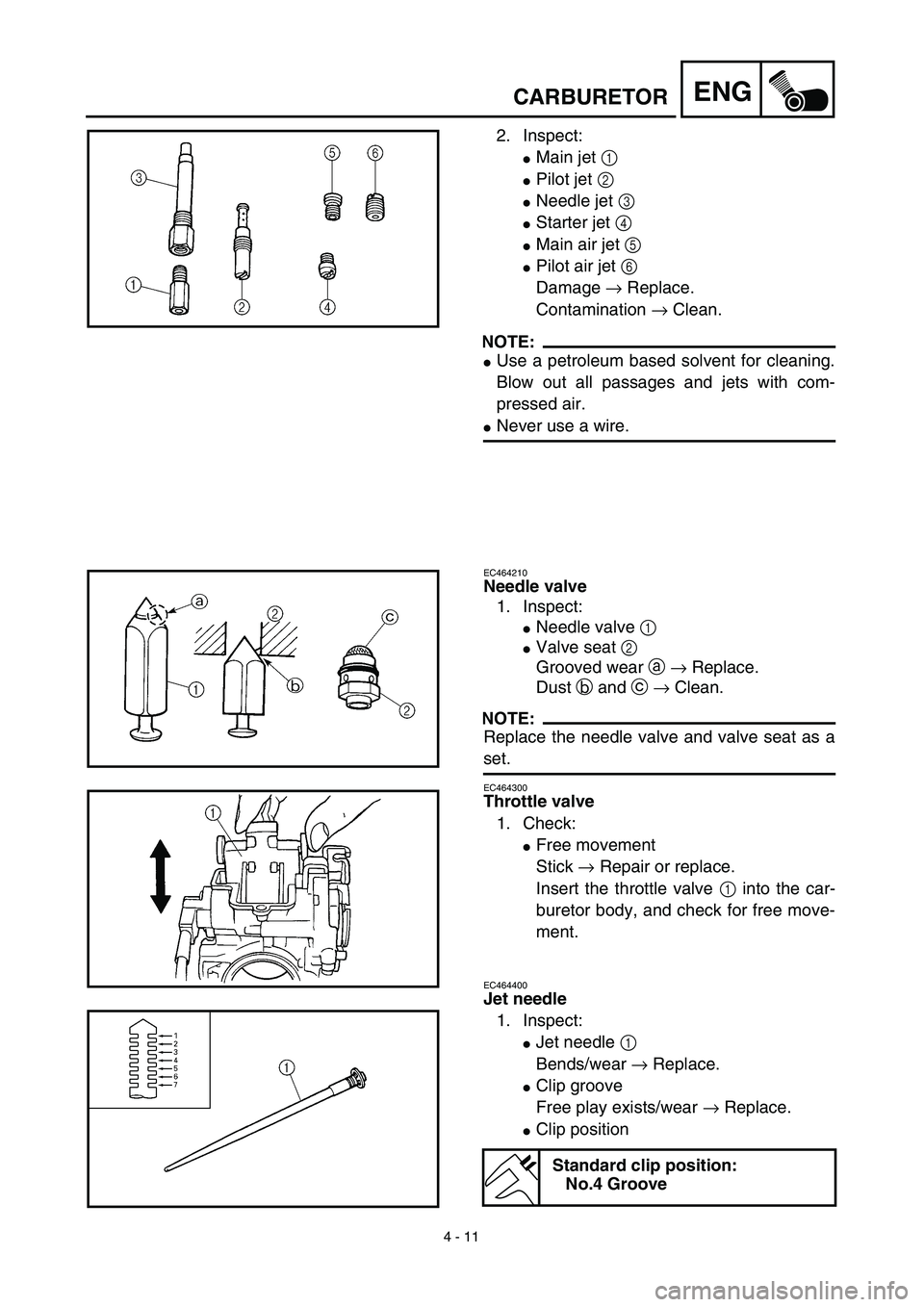 YAMAHA YZ426F 2002  Betriebsanleitungen (in German) 4 - 11
ENGCARBURETOR
2. Inspect:
Main jet 1 
Pilot jet 2 
Needle jet 3 
Starter jet 4 
Main air jet 5 
Pilot air jet 6 
Damage → Replace.
Contamination → Clean.
NOTE:
Use a petroleum based 