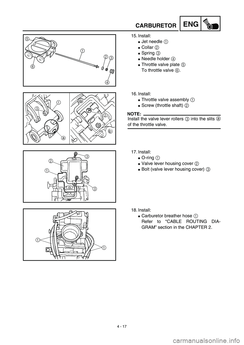 YAMAHA YZ426F 2002  Betriebsanleitungen (in German) 4 - 17
ENGCARBURETOR
15. Install:
Jet needle 1 
Collar 2 
Spring 3 
Needle holder 4 
Throttle valve plate 5 
To throttle valve 6.
5
6
1
2
3
4
16. Install:
Throttle valve assembly 1 
Screw (thro