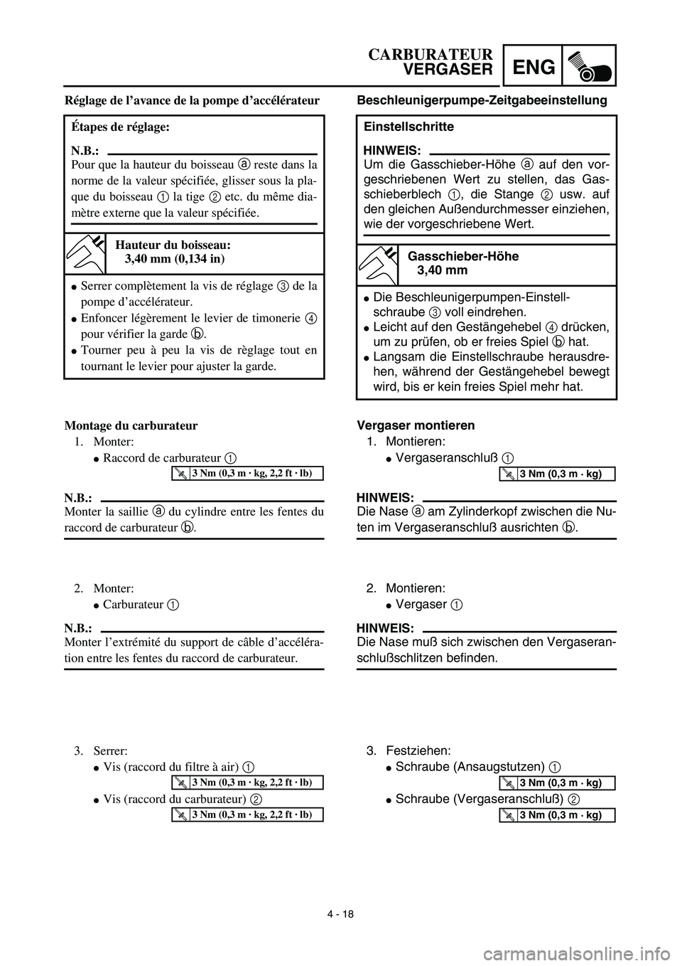 YAMAHA YZ426F 2002  Betriebsanleitungen (in German) 4 - 18
ENG
Beschleunigerpumpe-Zeitgabeeinstellung
Einstellschritte
HINWEIS:
Um die Gasschieber-Höhe a auf den vor-
geschriebenen Wert zu stellen, das Gas-
schieberblech 1, die Stange 2 usw. auf
den g