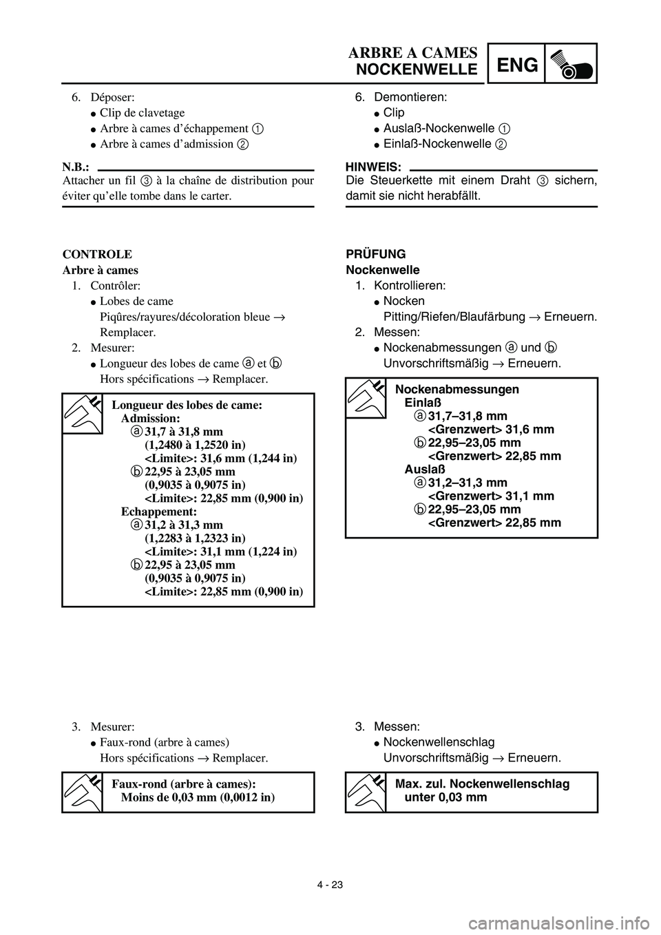 YAMAHA YZ426F 2002  Betriebsanleitungen (in German) 4 - 23
ENG
ARBRE A CAMES
NOCKENWELLE
6. Demontieren:
Clip
Auslaß-Nockenwelle 1 
Einlaß-Nockenwelle 2 
HINWEIS:
Die Steuerkette mit einem Draht 3 sichern,
damit sie nicht herabfällt.
PRÜFUNG
Noc