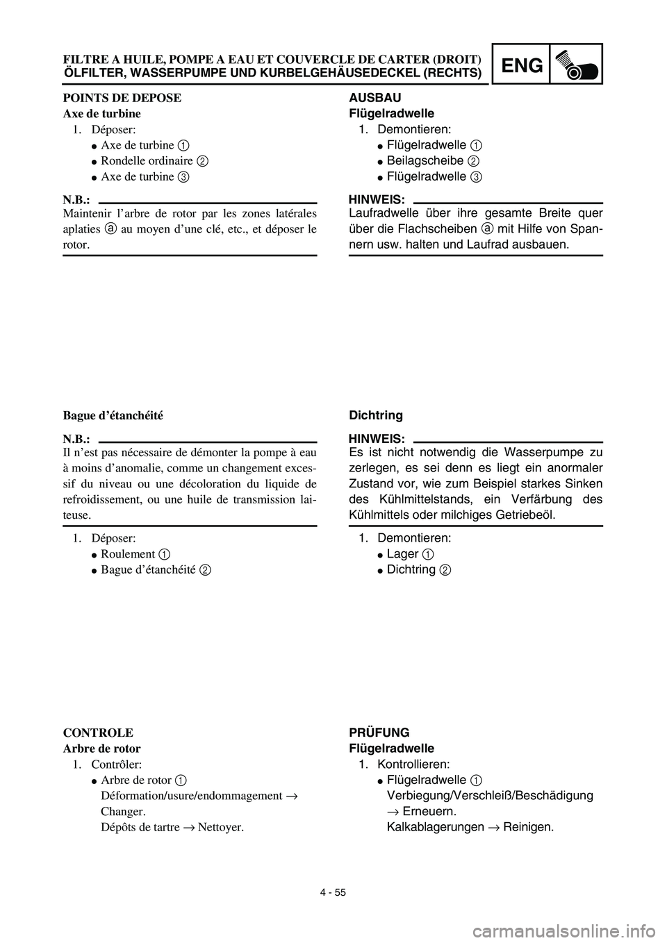 YAMAHA YZ426F 2002 Owners Guide 4 - 55
ENG
AUSBAU
Flügelradwelle
1. Demontieren:
Flügelradwelle 1 
Beilagscheibe 2 
Flügelradwelle 3 
HINWEIS:
Laufradwelle über ihre gesamte Breite quer
über die Flachscheiben a mit Hilfe von