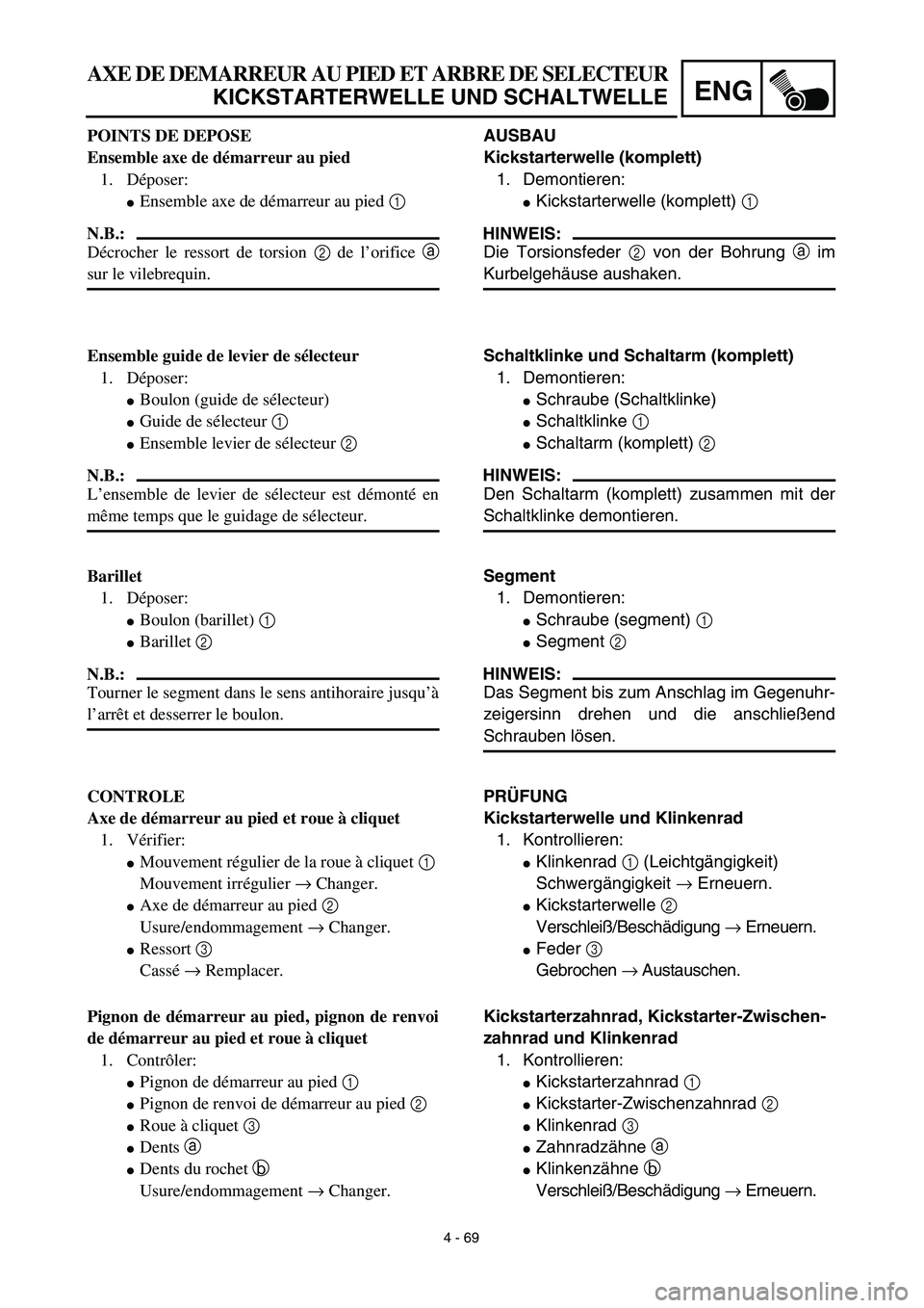 YAMAHA YZ426F 2002 Service Manual 4 - 69
ENG
AXE DE DEMARREUR AU PIED ET ARBRE DE SELECTEUR
KICKSTARTERWELLE UND SCHALTWELLE
AUSBAU
Kickstarterwelle (komplett)
1. Demontieren:
Kickstarterwelle (komplett) 1 
HINWEIS:
Die Torsionsfeder