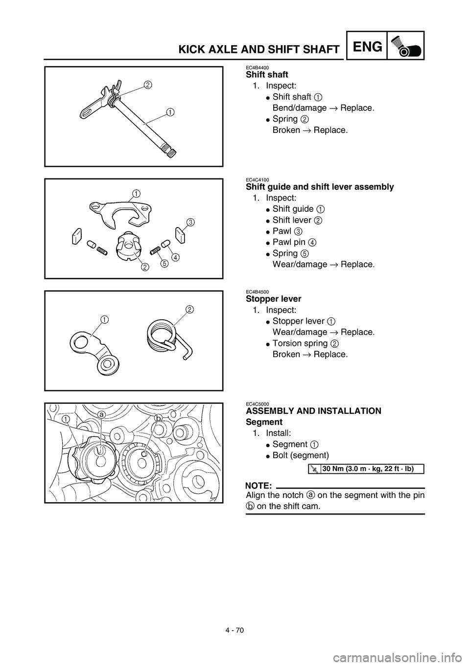 YAMAHA YZ426F 2002  Betriebsanleitungen (in German) 4 - 70
ENGKICK AXLE AND SHIFT SHAFT
EC4B4400
Shift shaft
1. Inspect:
Shift shaft 1 
Bend/damage → Replace.
Spring 2 
Broken → Replace.
EC4C4100
Shift guide and shift lever assembly
1. Inspect:
