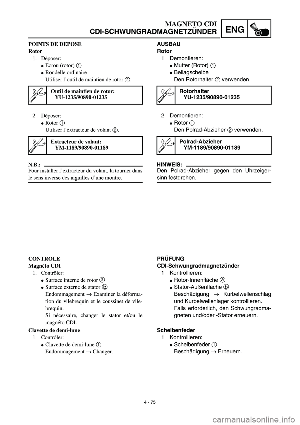 YAMAHA YZ426F 2002 Service Manual 4 - 75
ENG
MAGNETO CDI
CDI-SCHWUNGRADMAGNETZÜNDER
AUSBAU
Rotor
1. Demontieren:
Mutter (Rotor) 1 
Beilagscheibe
Den Rotorhalter 2 verwenden.
Rotorhalter
YU-1235/90890-01235
2. Demontieren:
Rotor 1 